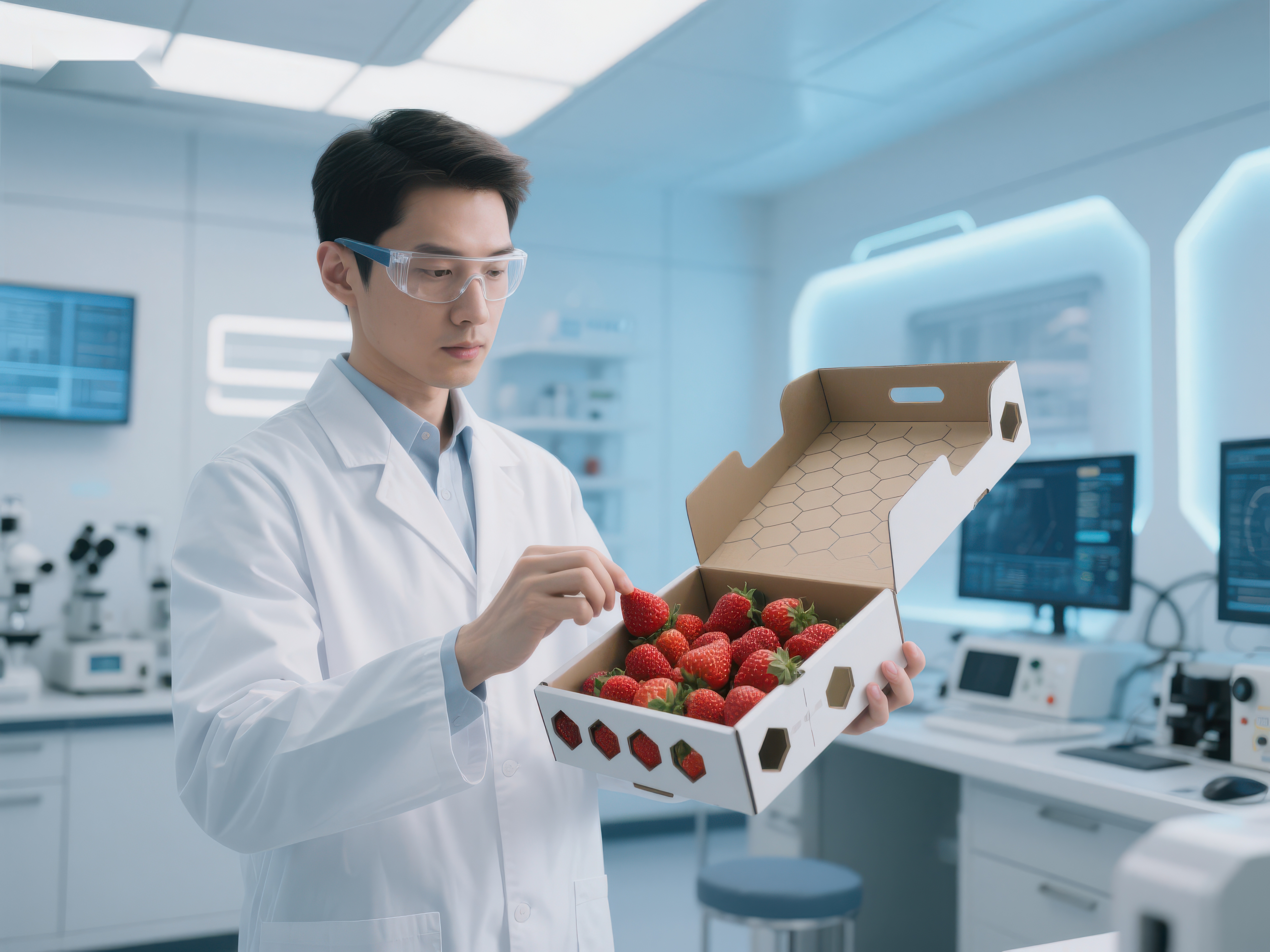 实验室研究员检查草莓质量素材