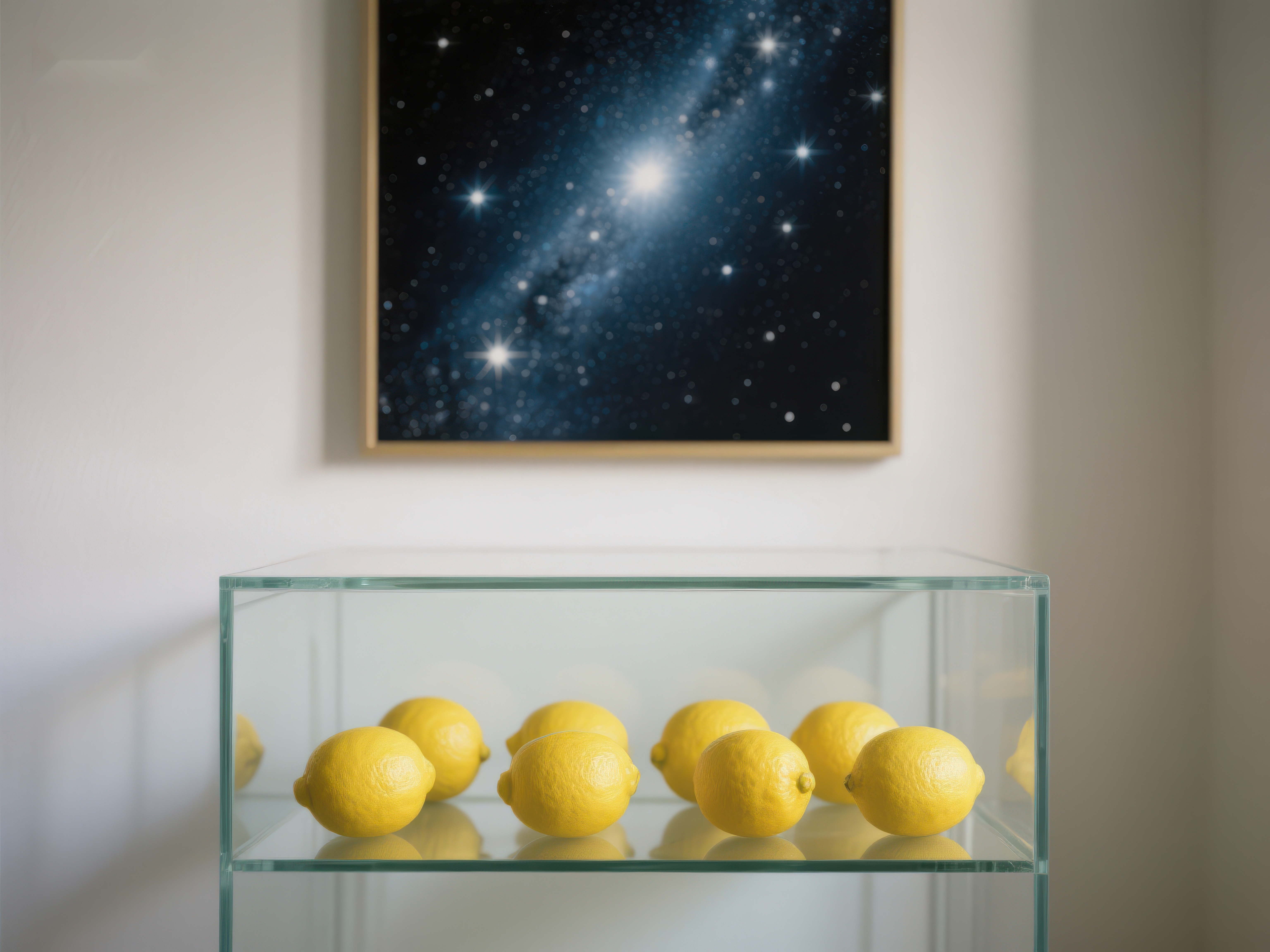 玻璃柜中的柠檬与星空画作素材