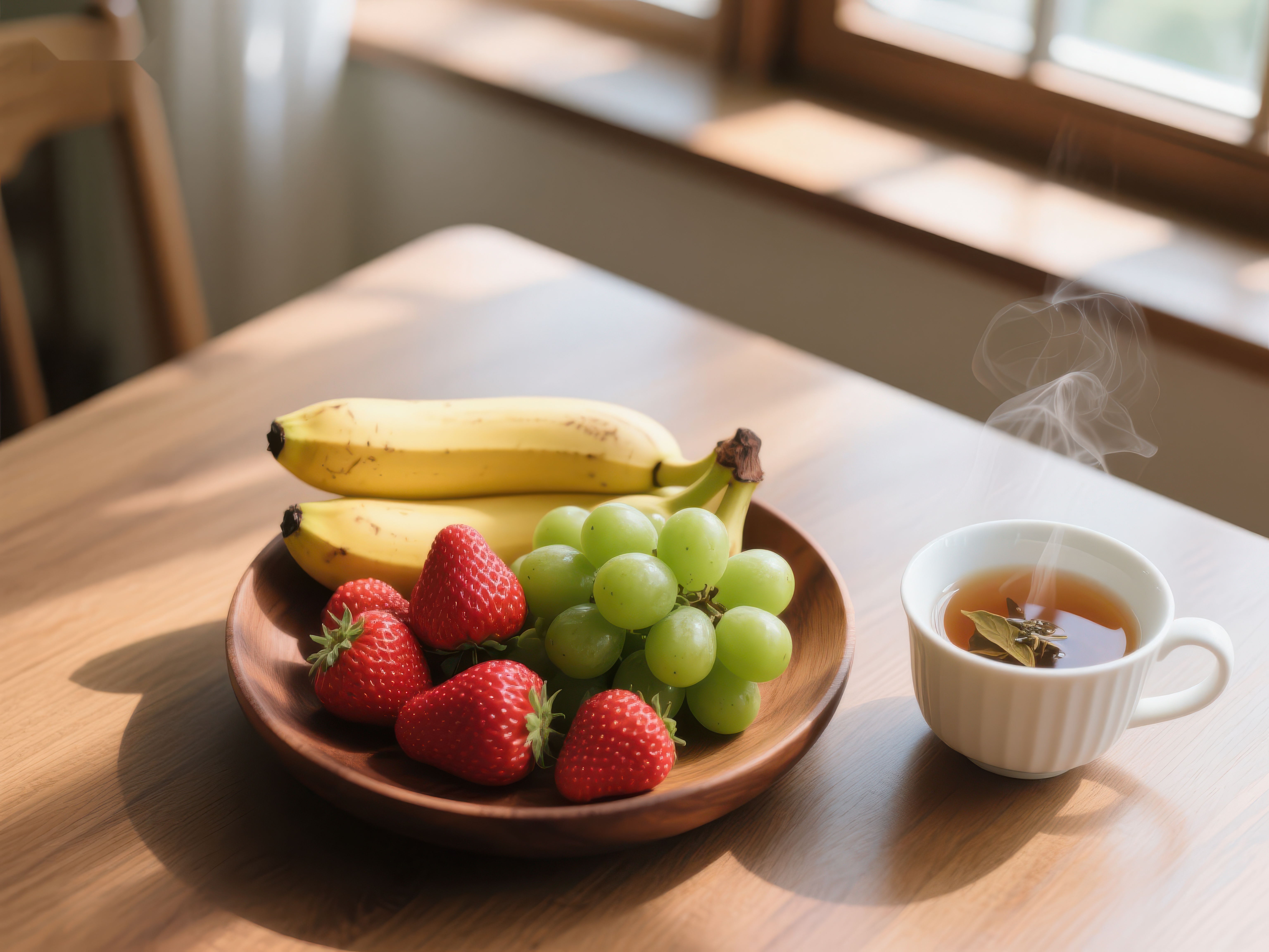 水果盘与热茶的温馨早餐素材