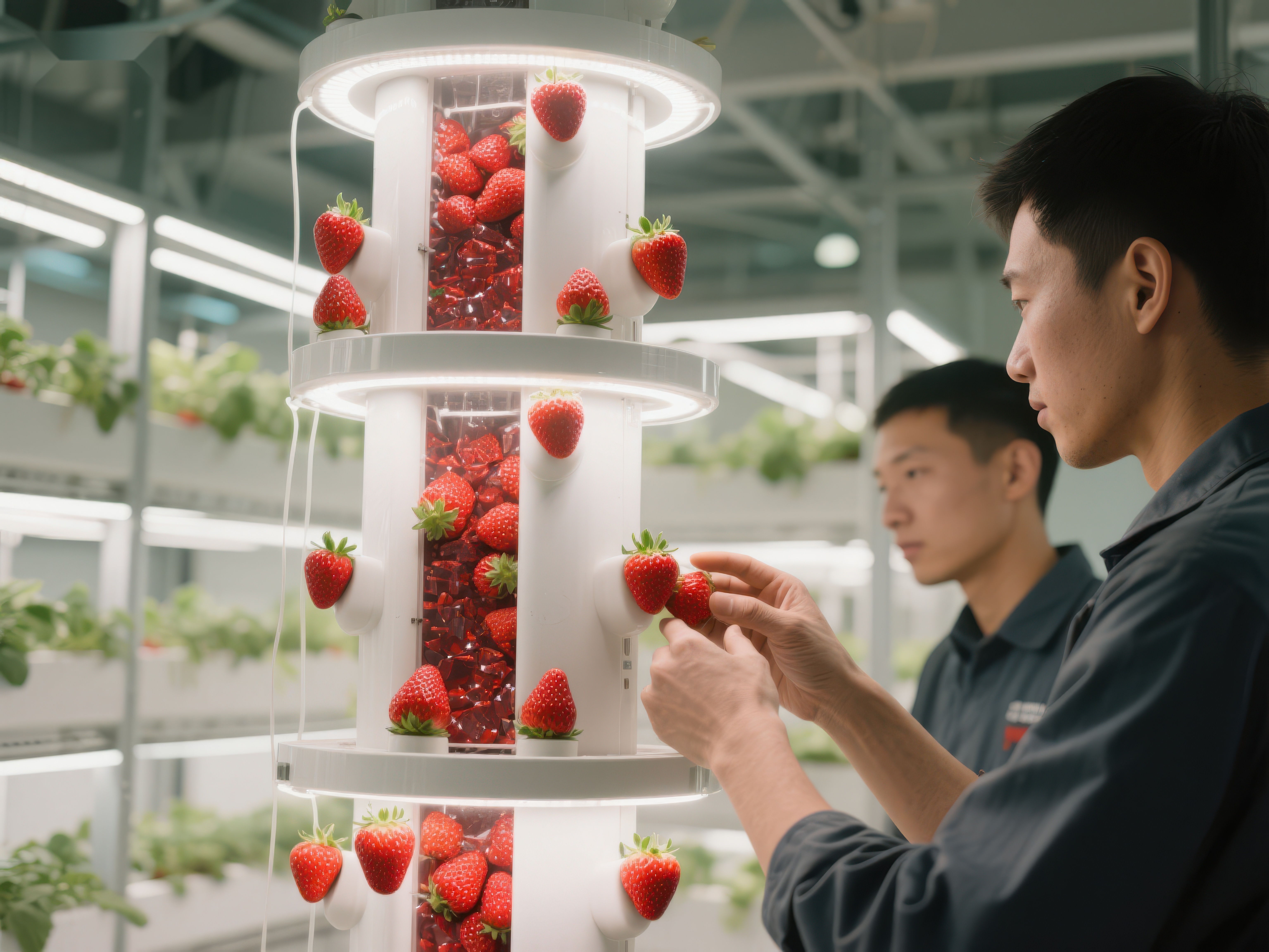 室内农场工人检查垂直种植的草莓素材