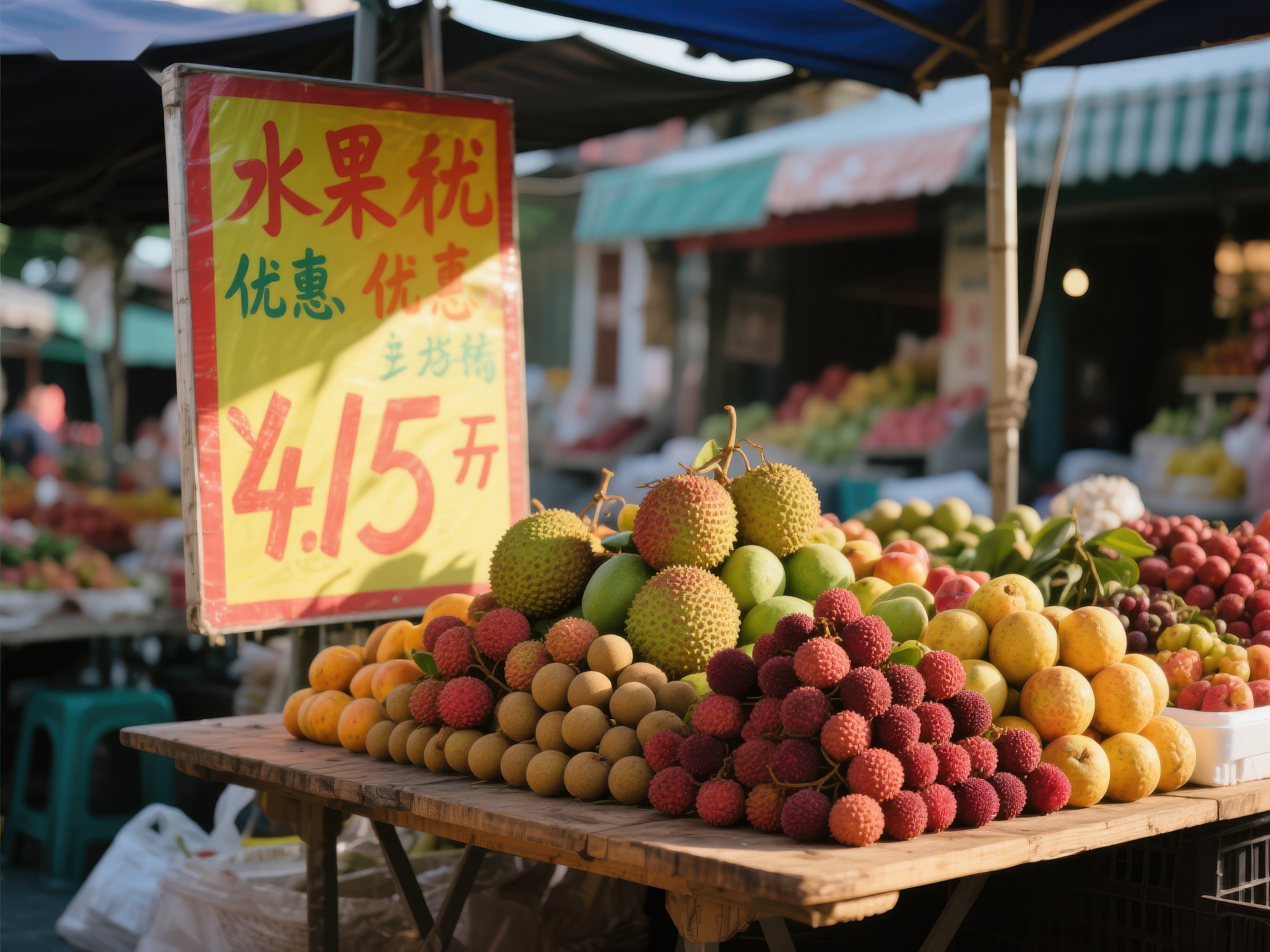 市场水果摊新鲜荔枝与菠萝蜜素材