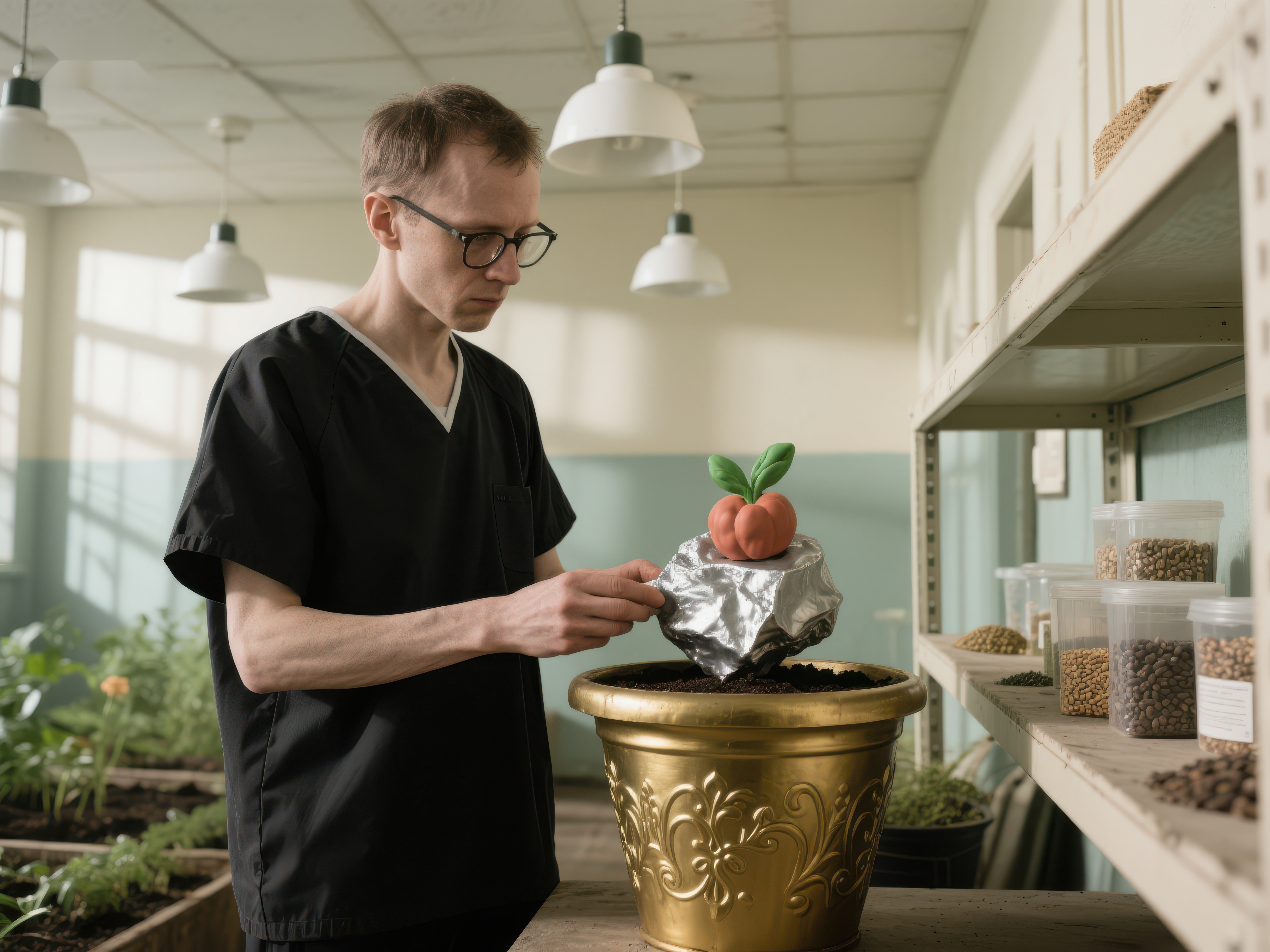 实验室中男子细心照料盆栽植物素材
