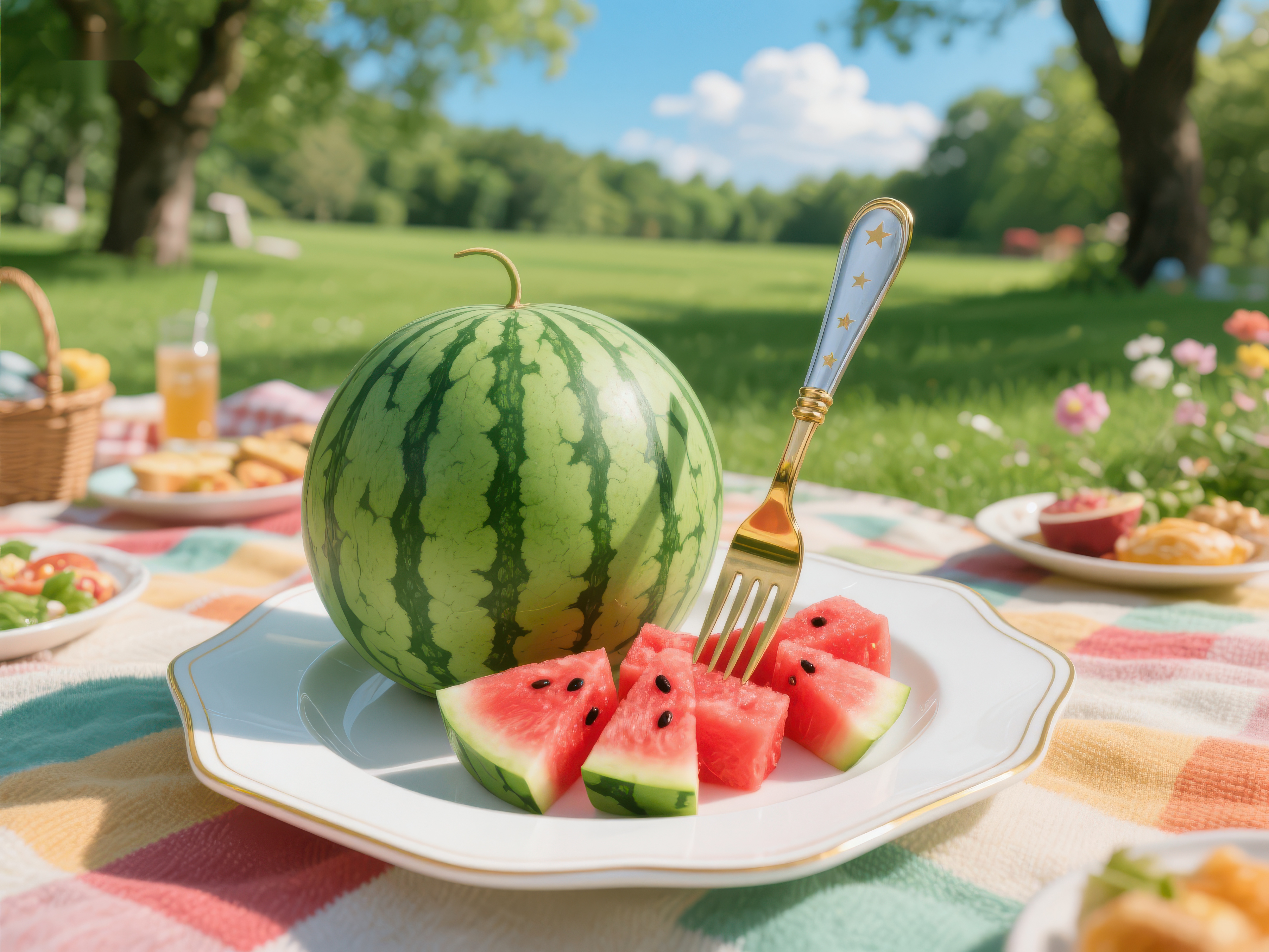 夏日野餐西瓜切片与自然风光素材