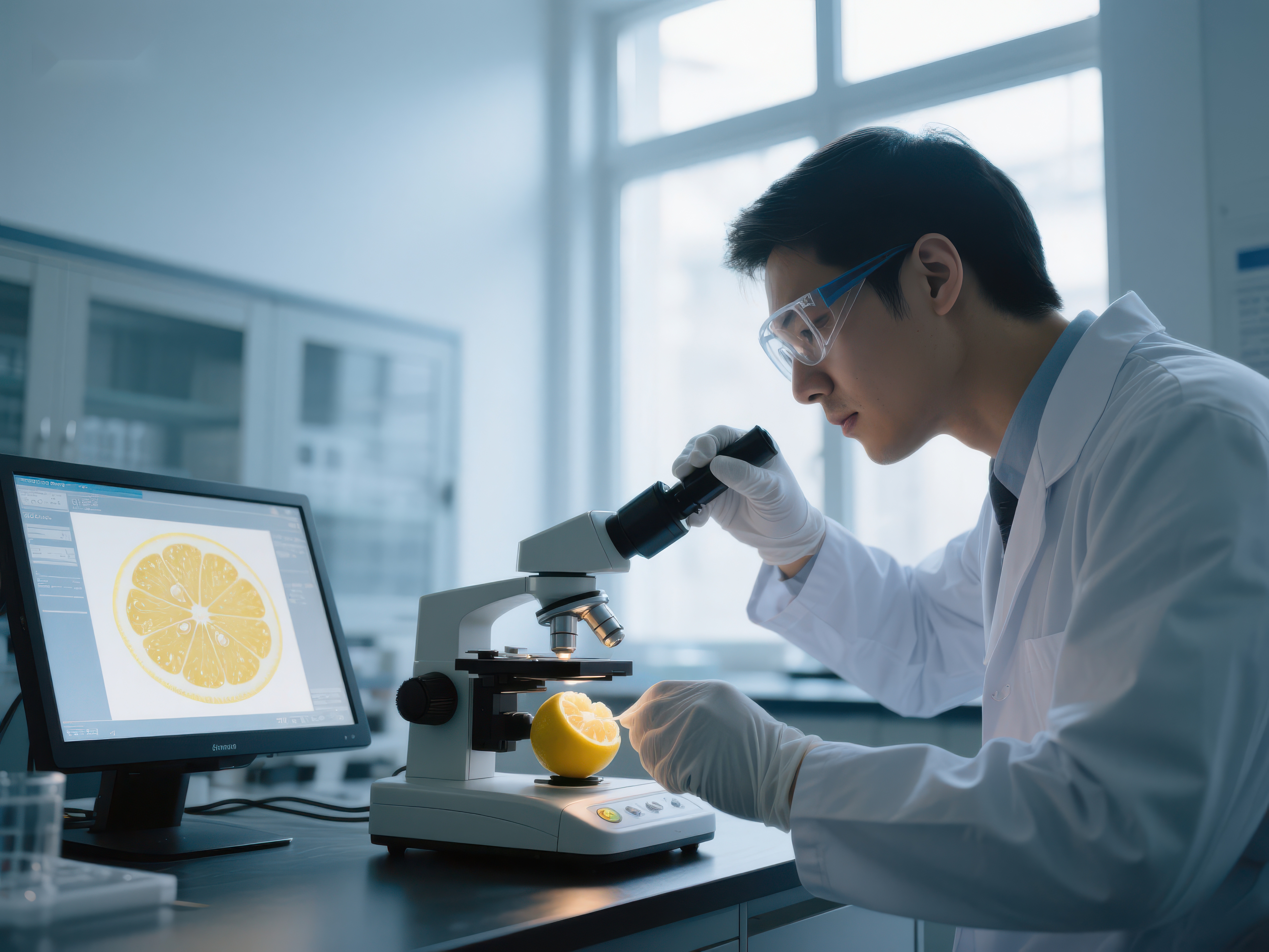 科学家在实验室用显微镜观察柠檬切片素材
