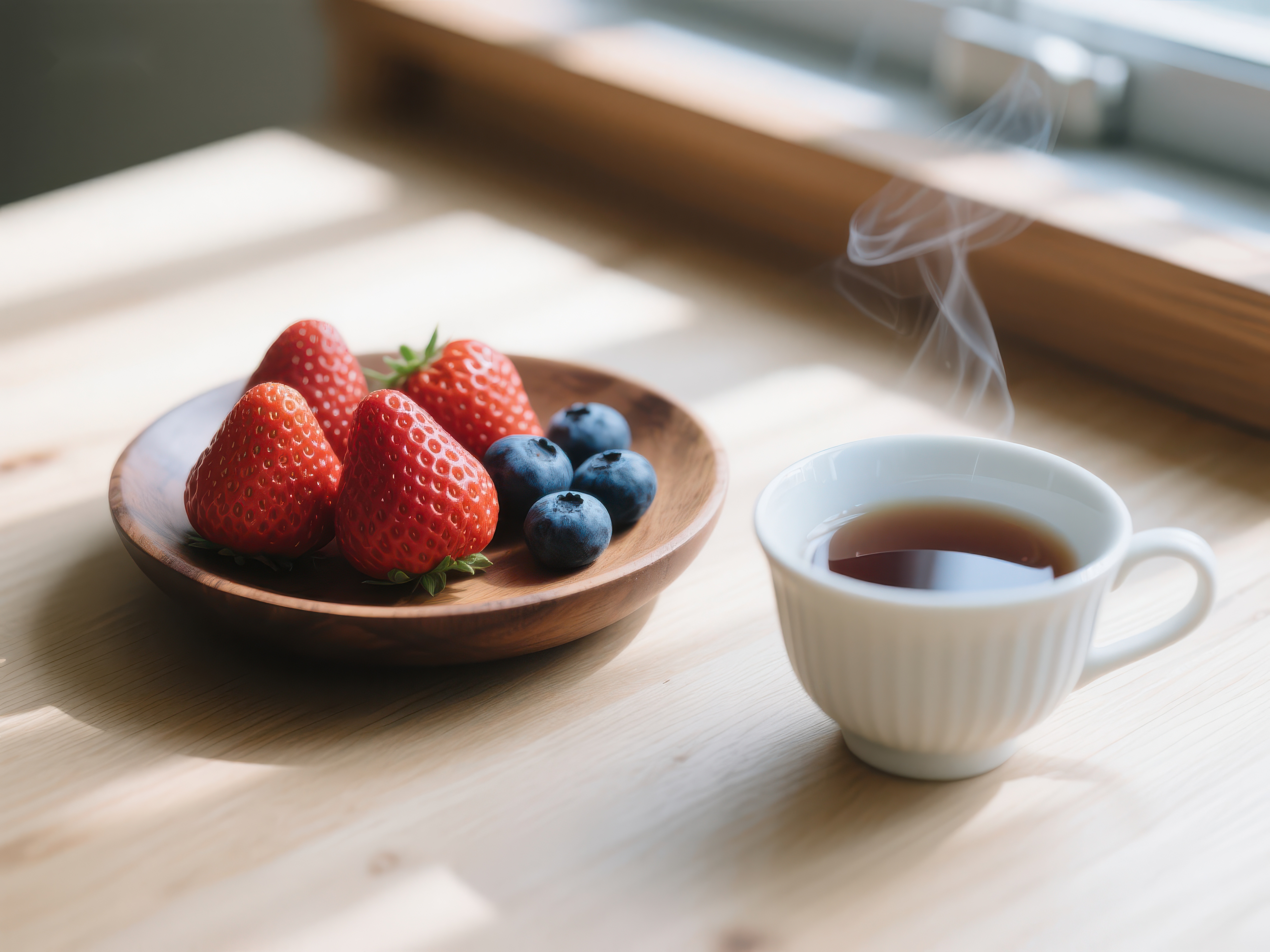 热茶与新鲜草莓蓝莓的静谧时光素材