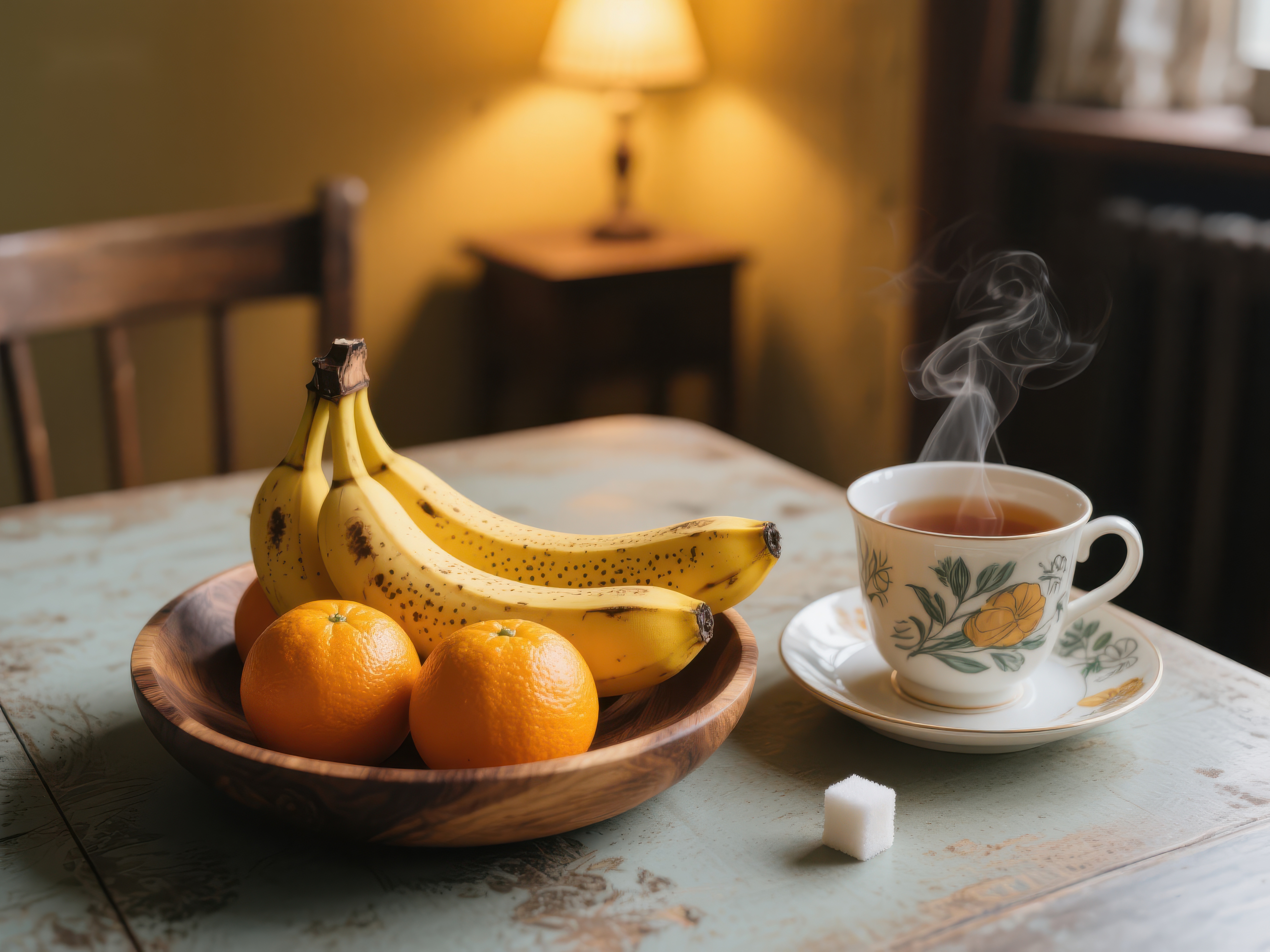 热茶与水果的温馨早餐素材