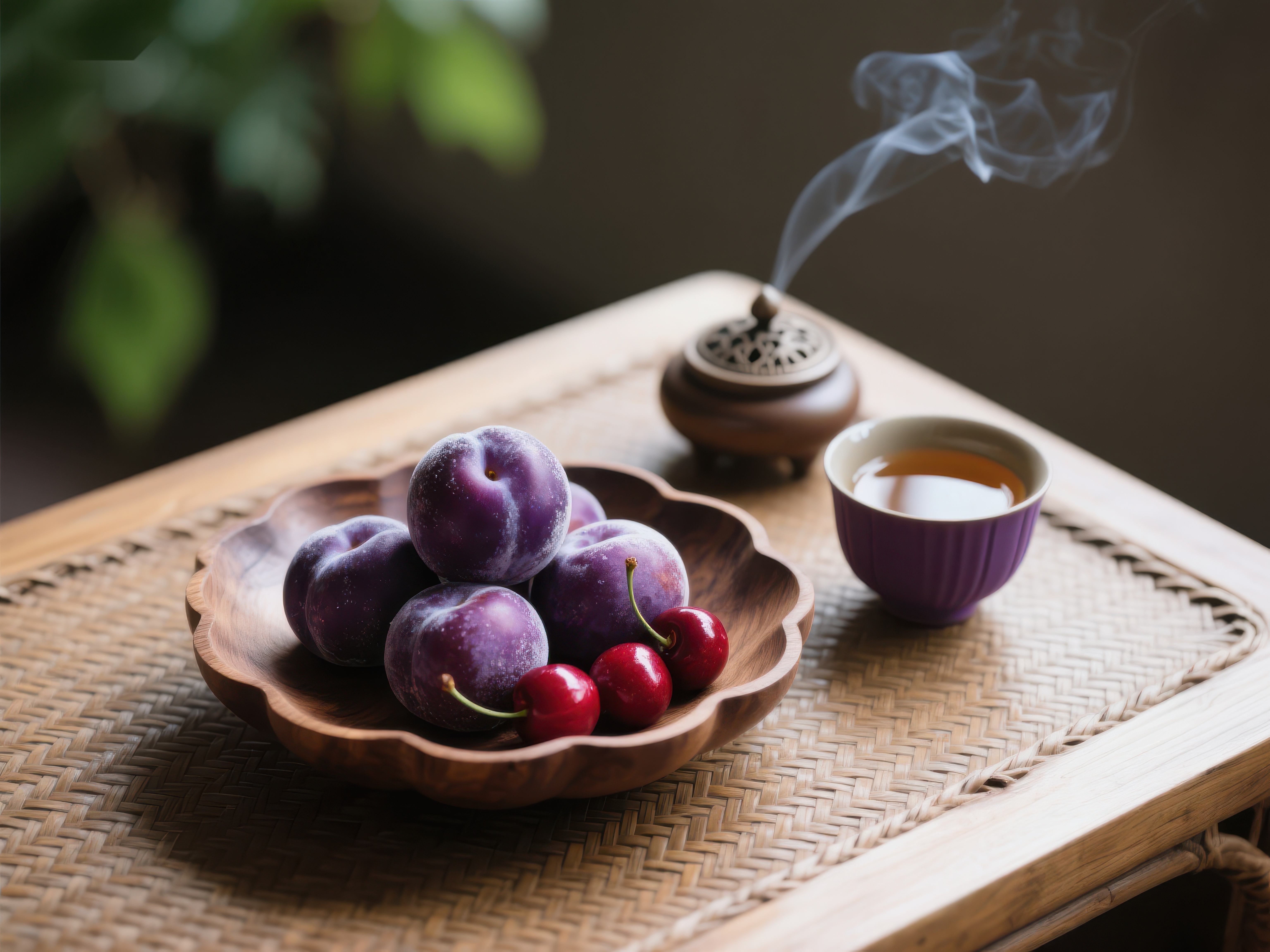 紫李与茶香静谧的品茗时光素材