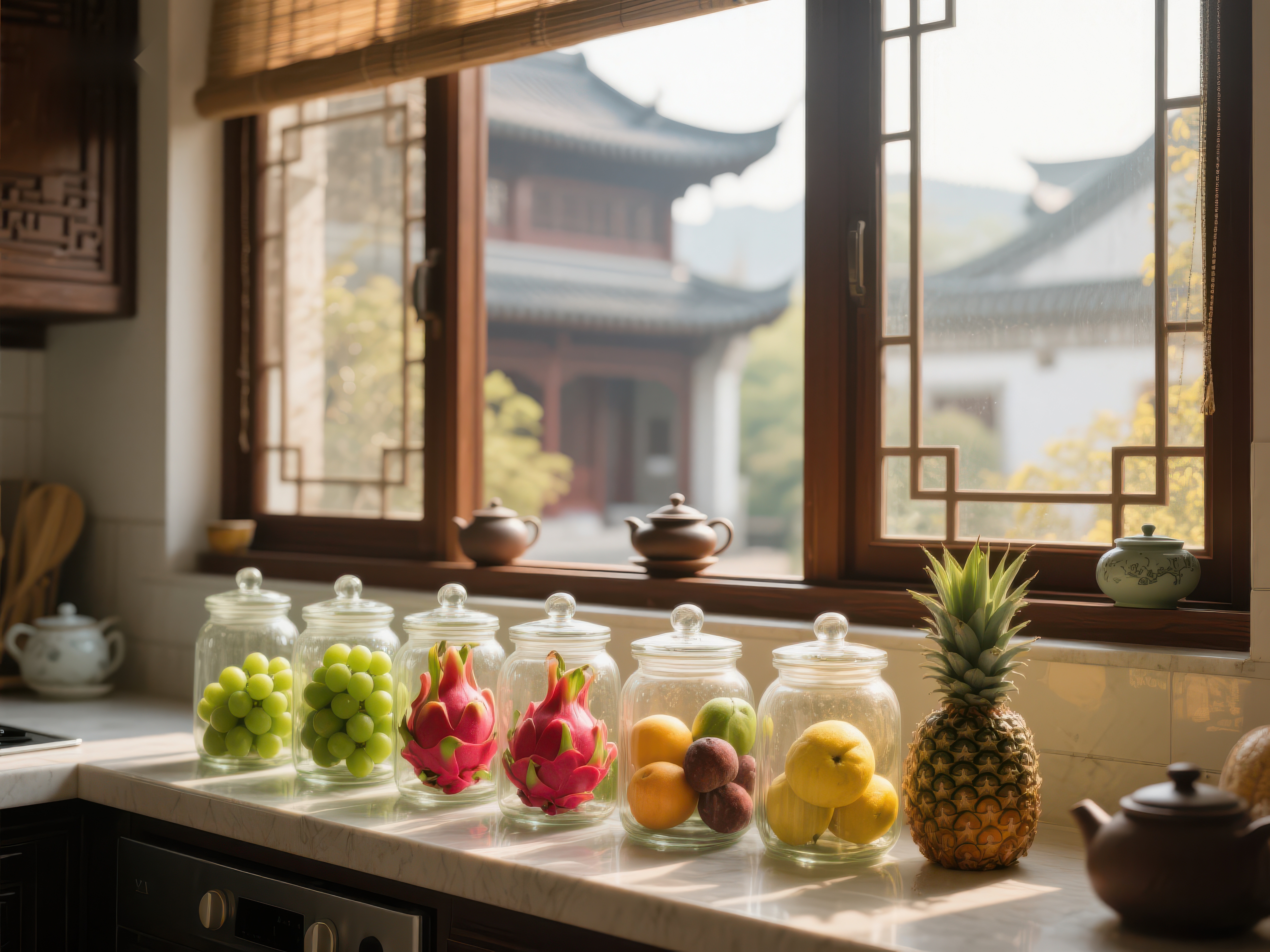 窗边水果与茶具的静谧厨房素材