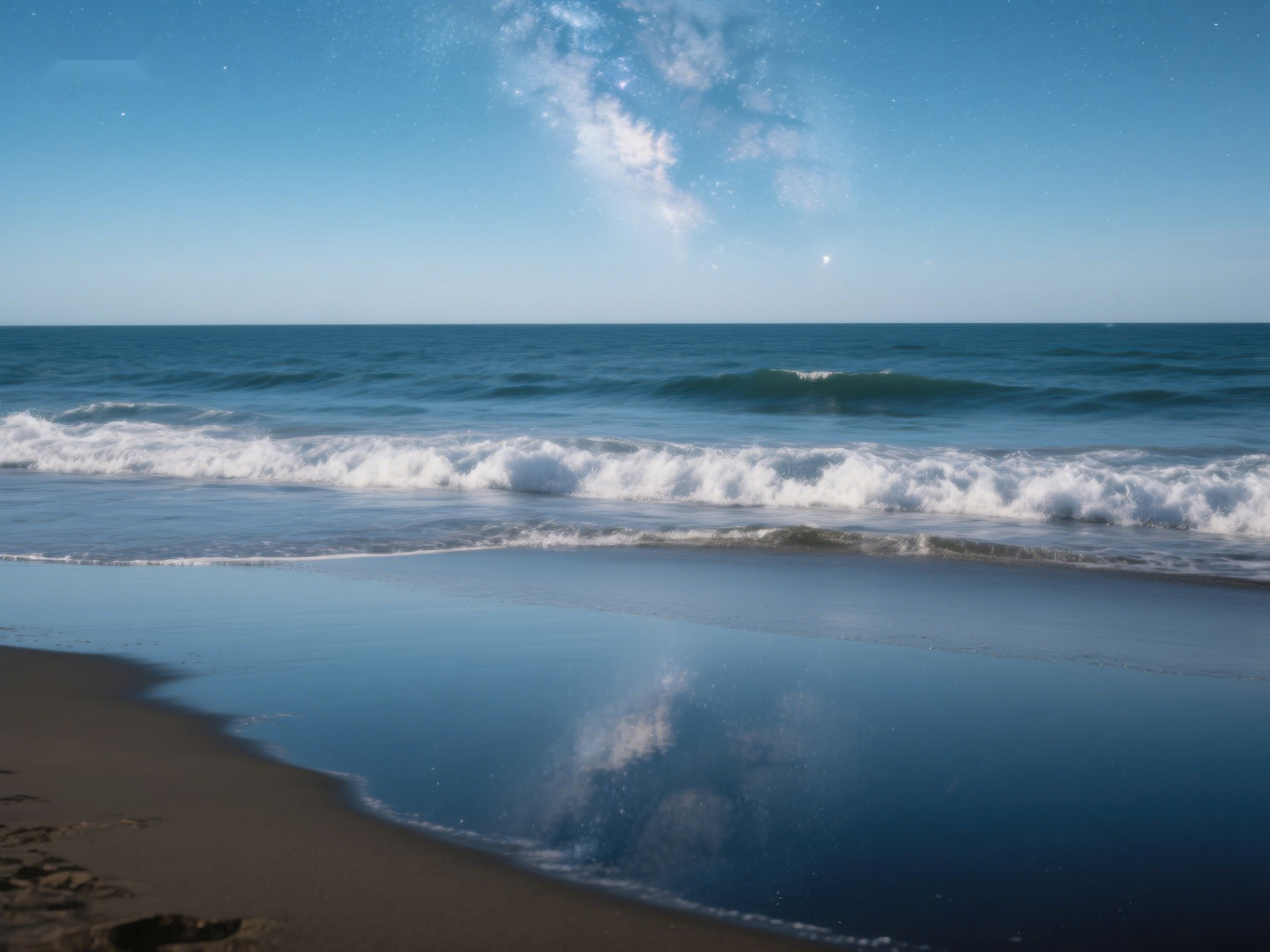 海滩日落波浪与天空倒影素材