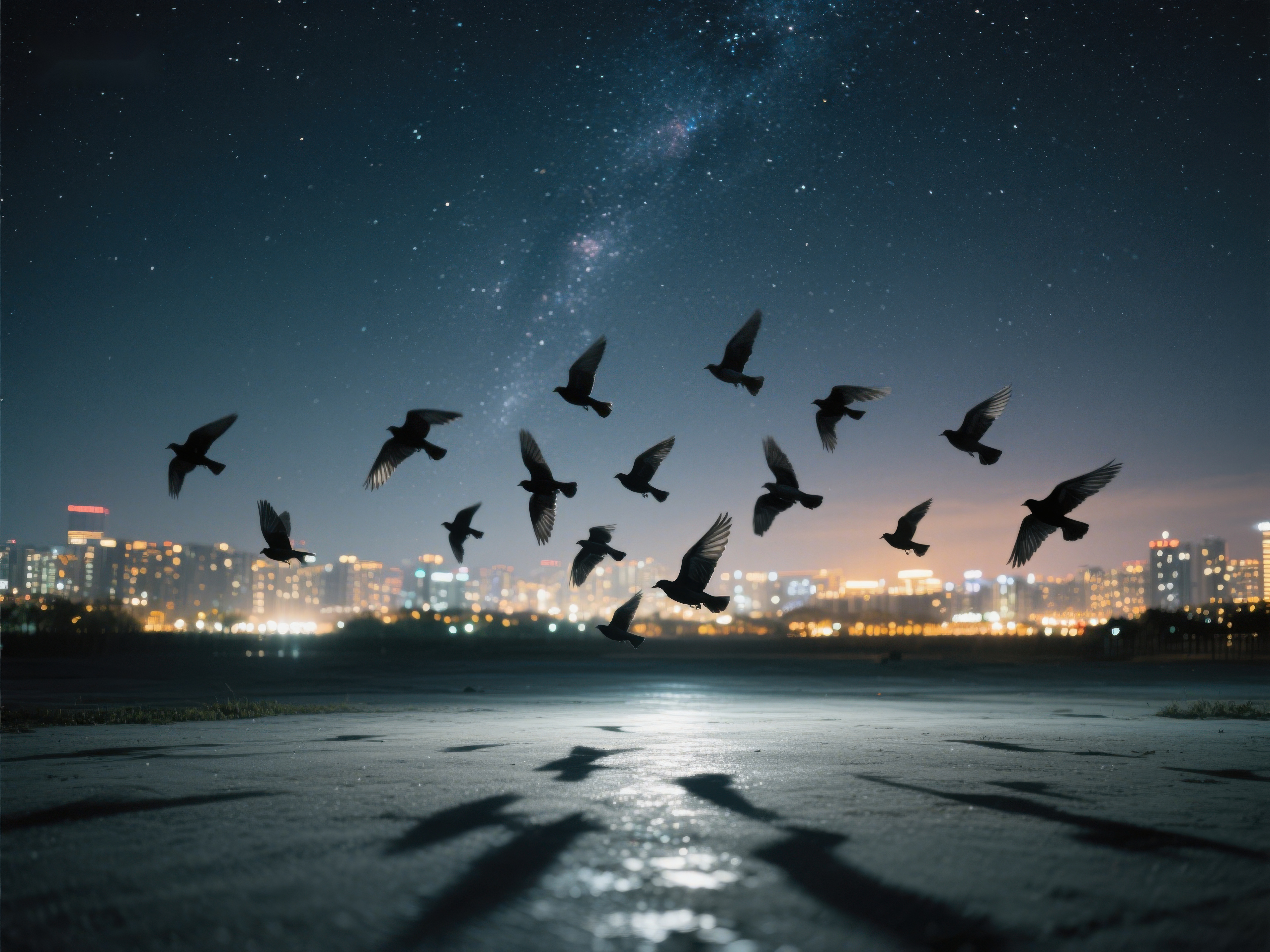夜空下飞翔的鸟群素材