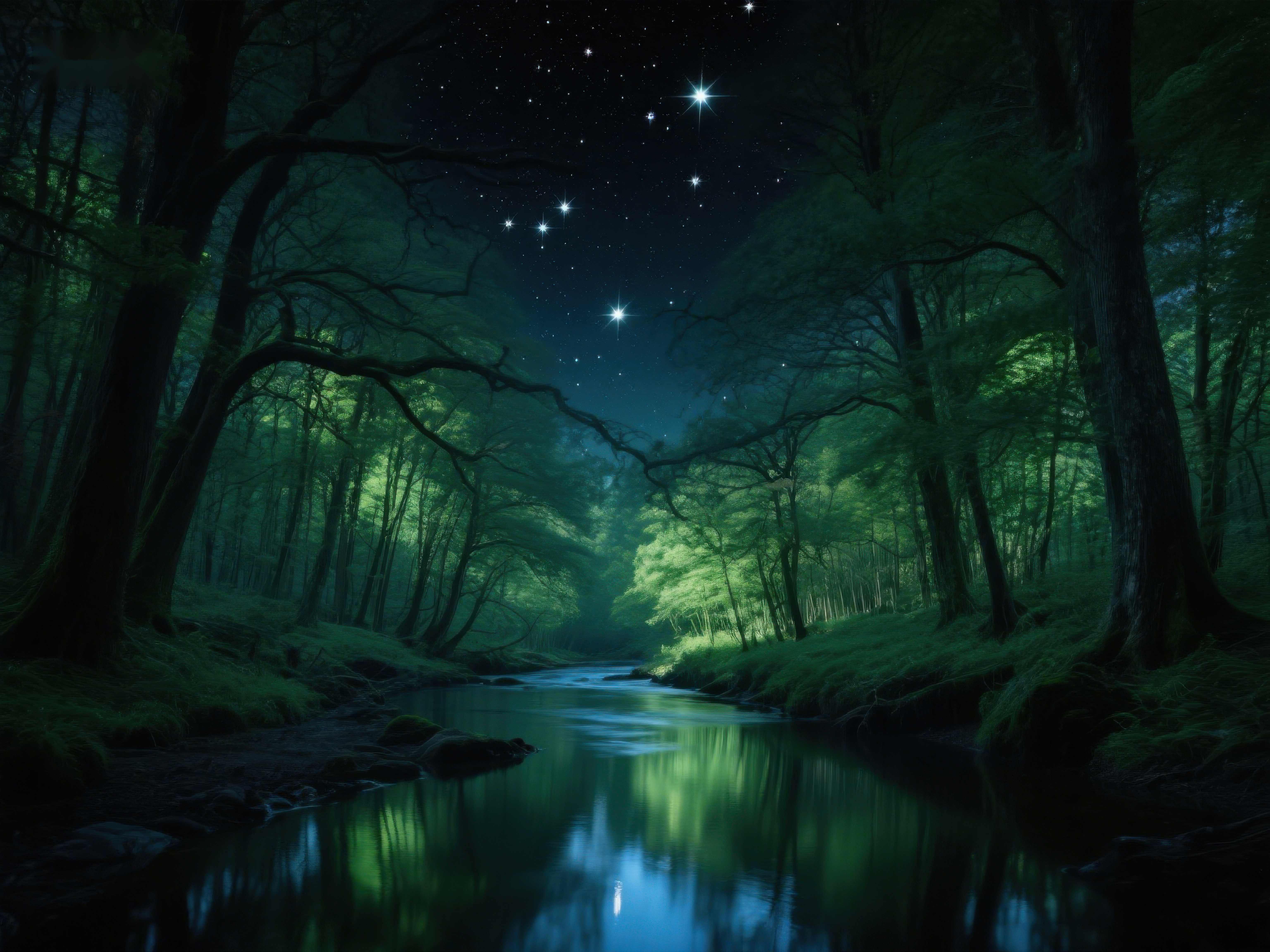 夜幕森林溪流星光闪烁素材