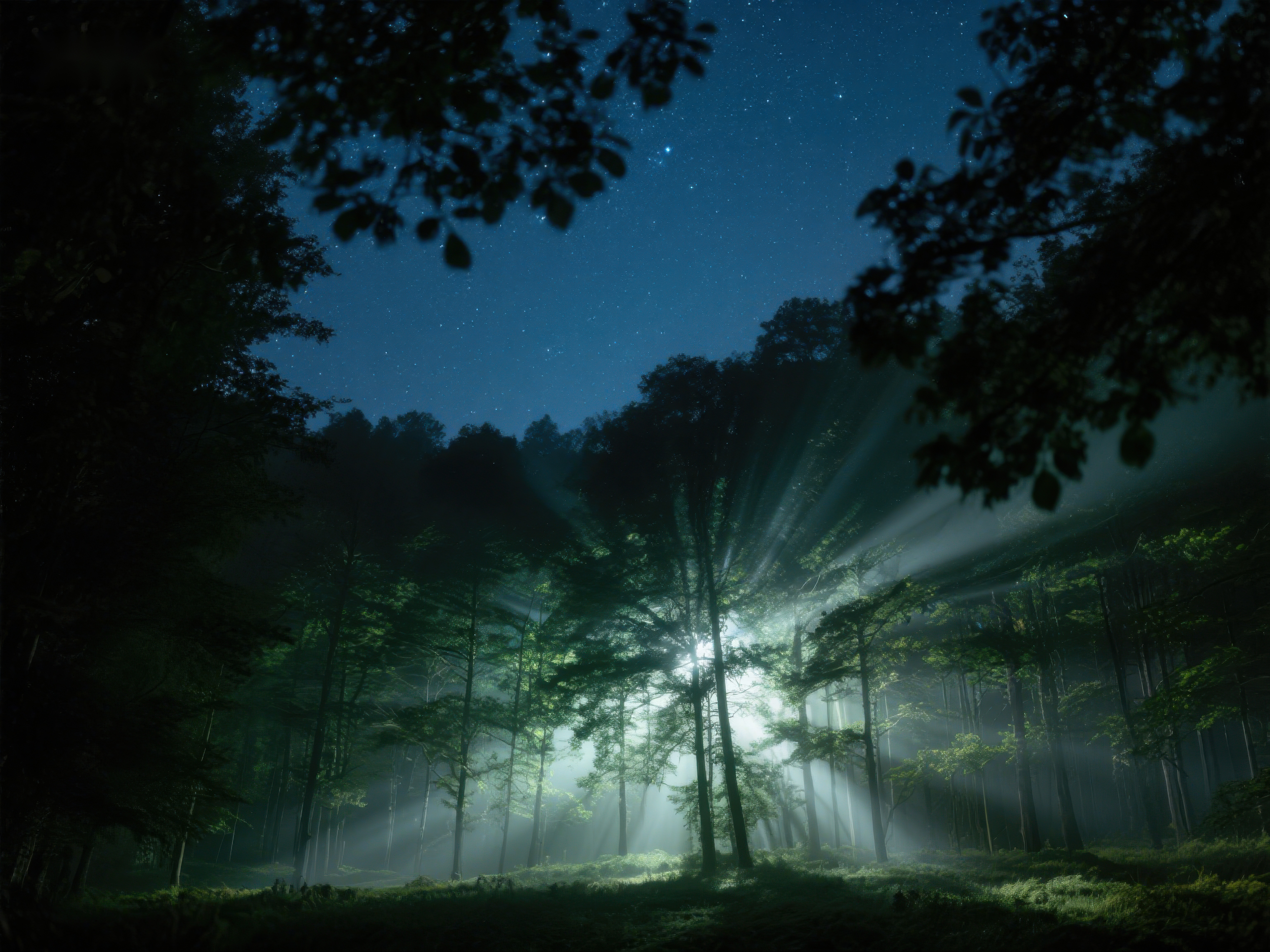 夜幕森林光束穿透树梢素材