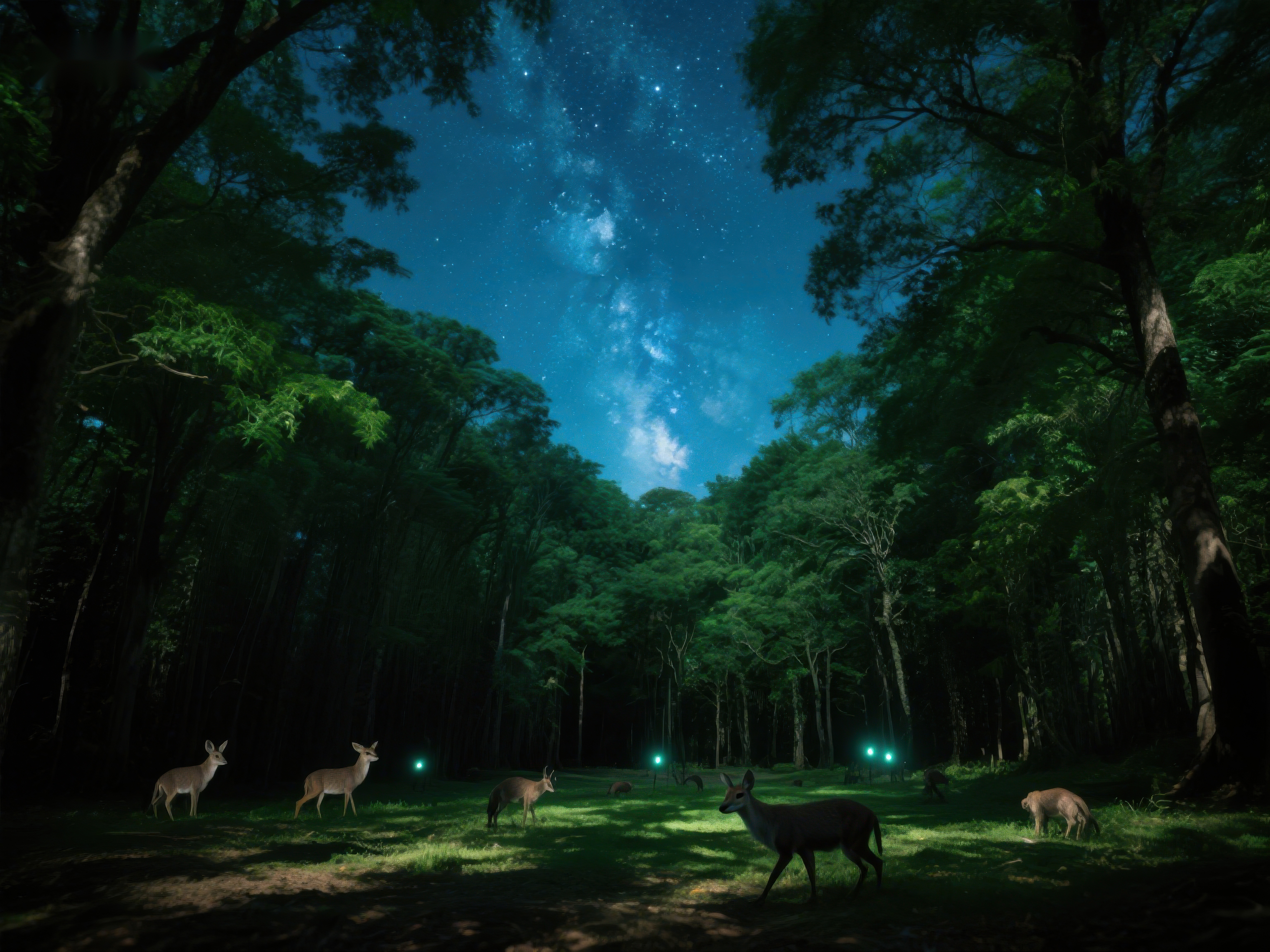 夜空下的森林与鹿群素材