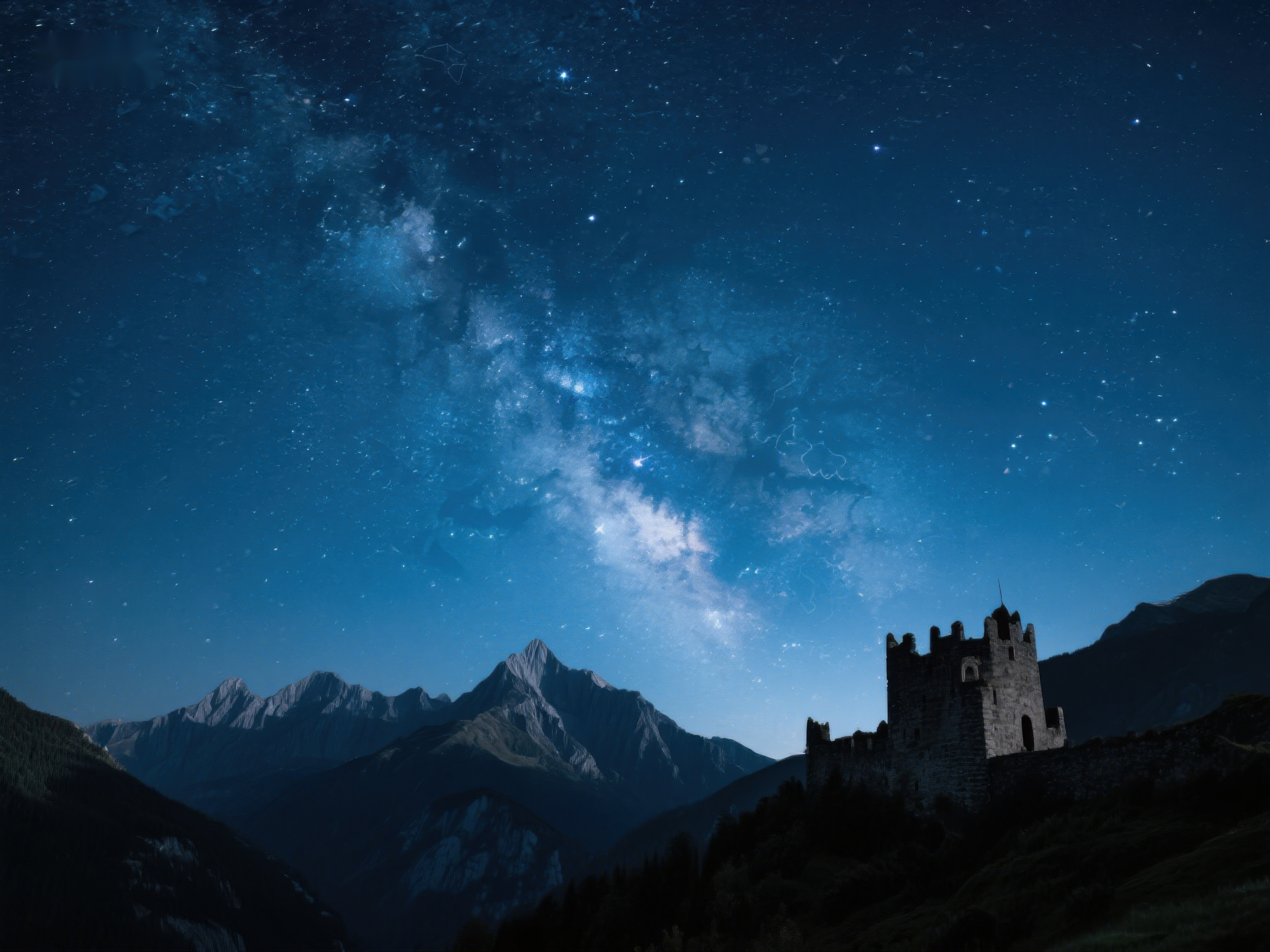 星空下的古堡与山脉素材