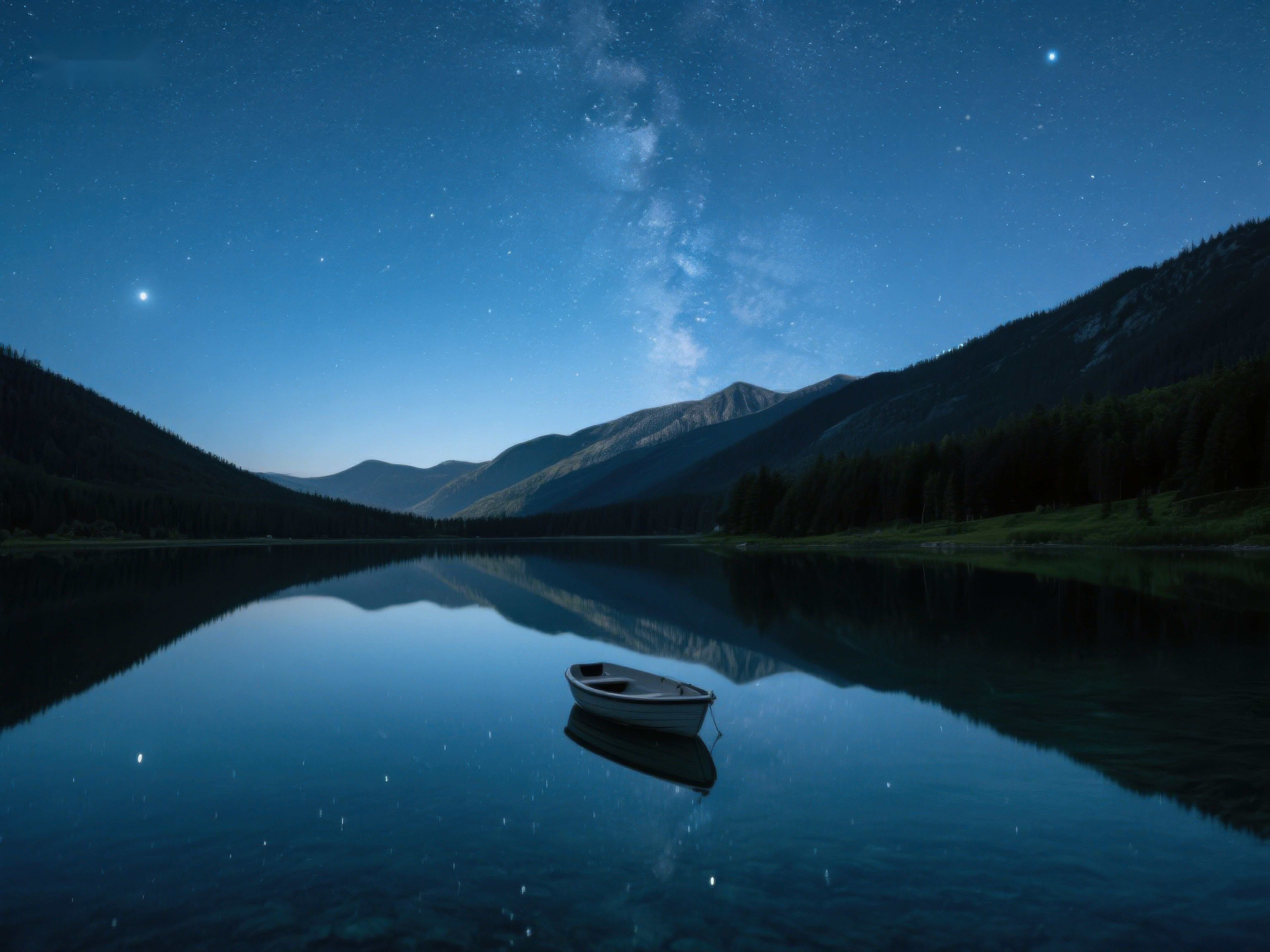 夜空下的静谧湖面与孤舟素材