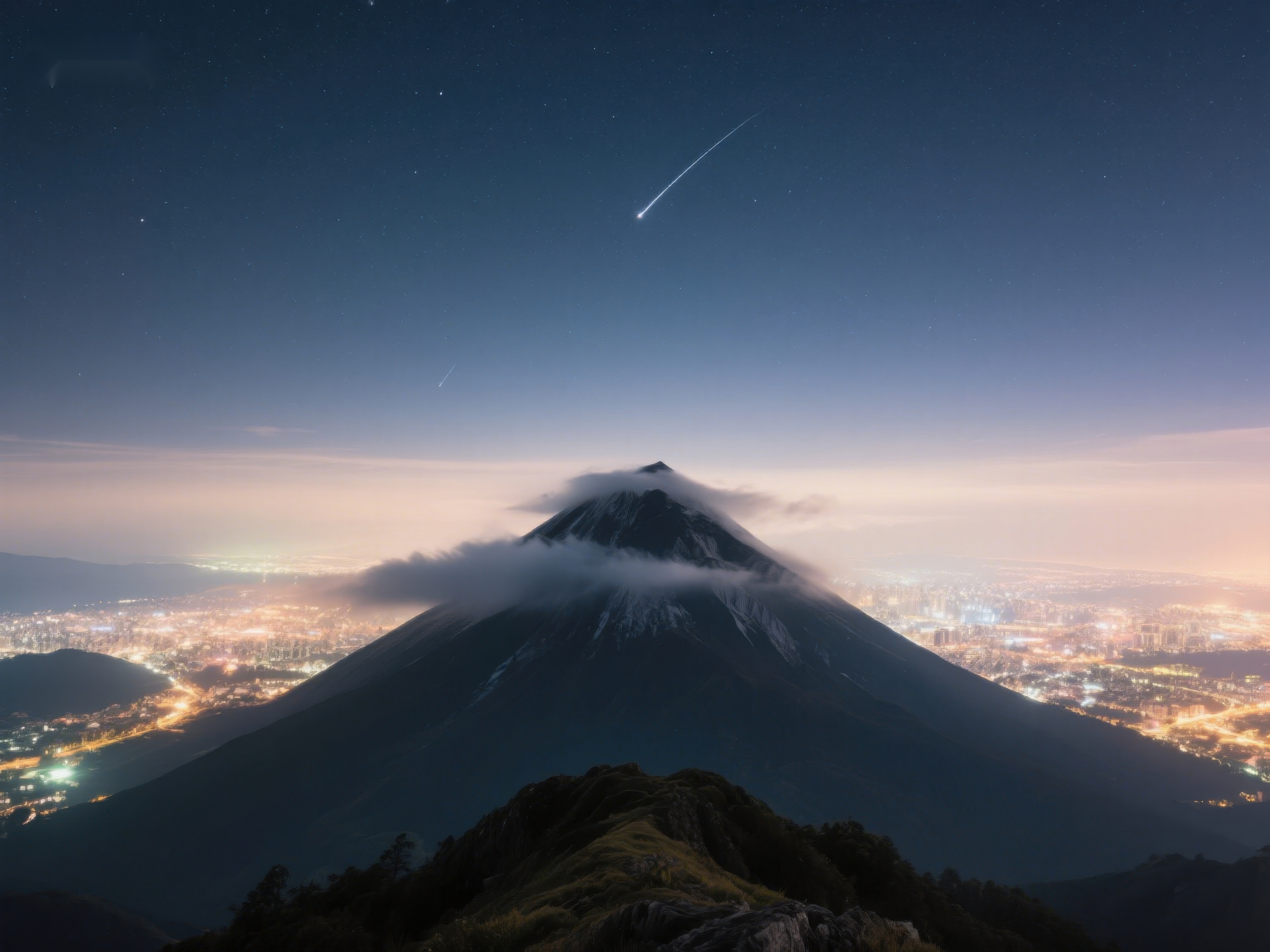 夜幕下的火山与流星素材