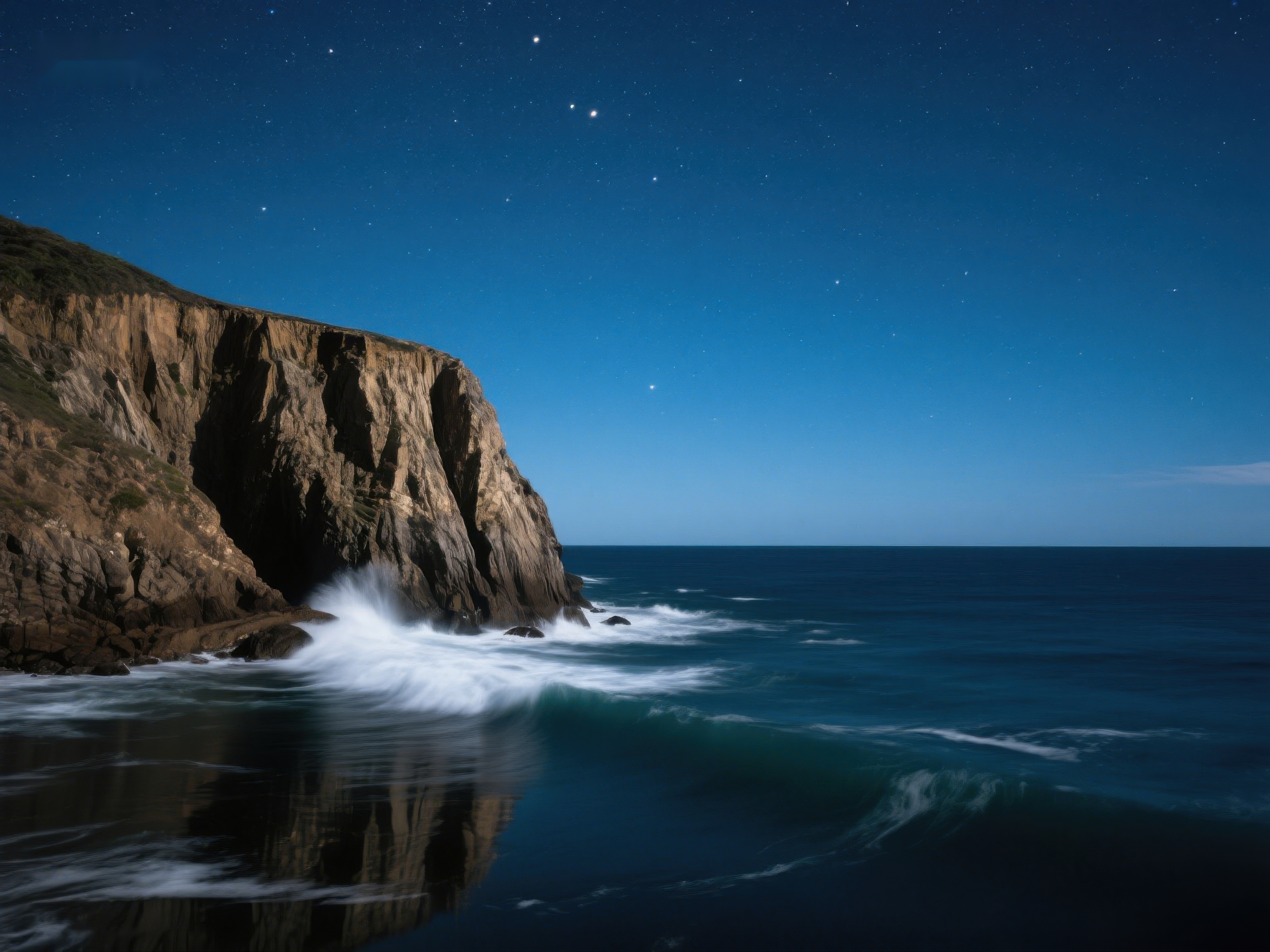 夜空下的海浪拍打悬崖素材