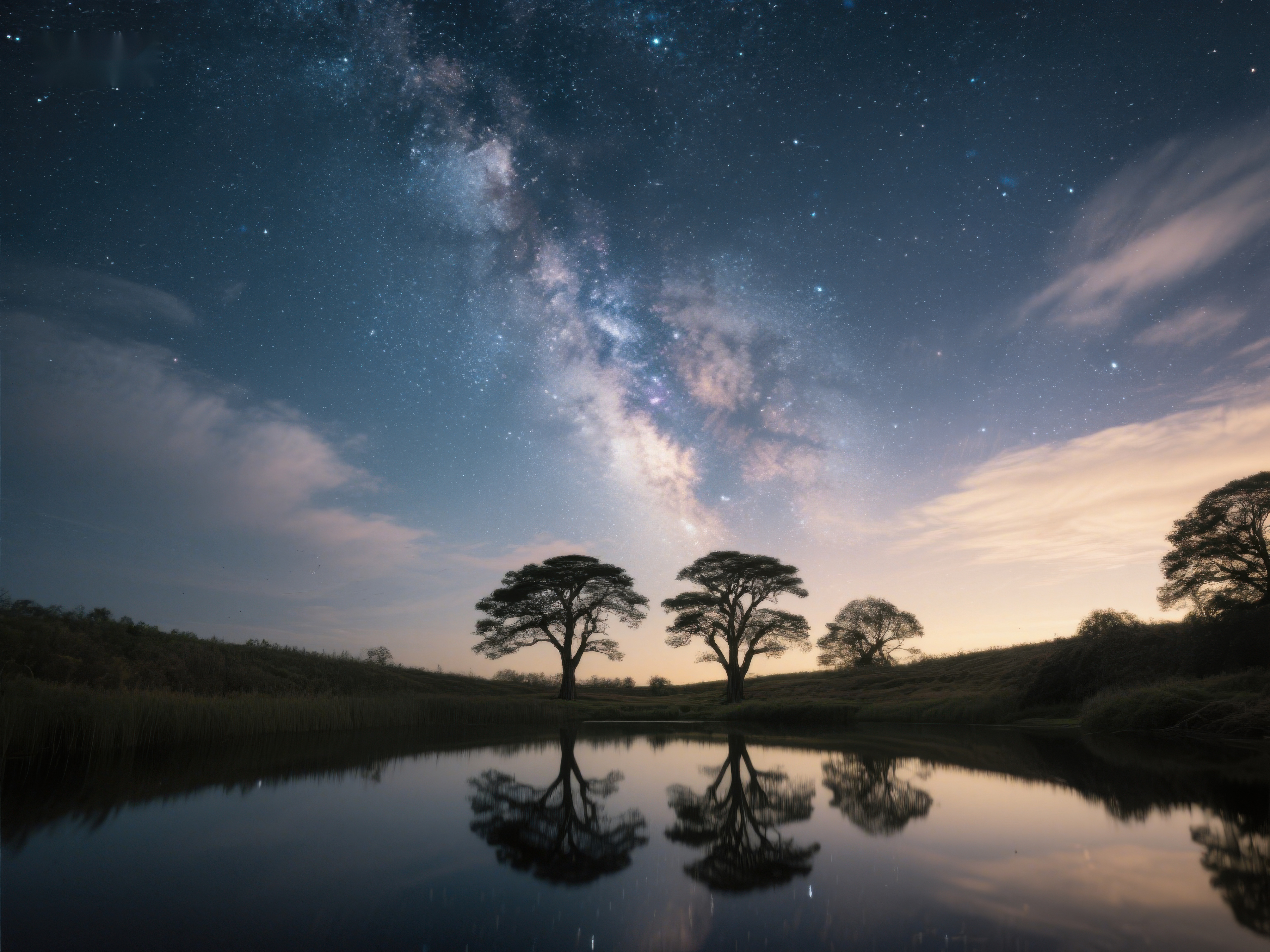银河映照湖面树影婆娑夜景素材