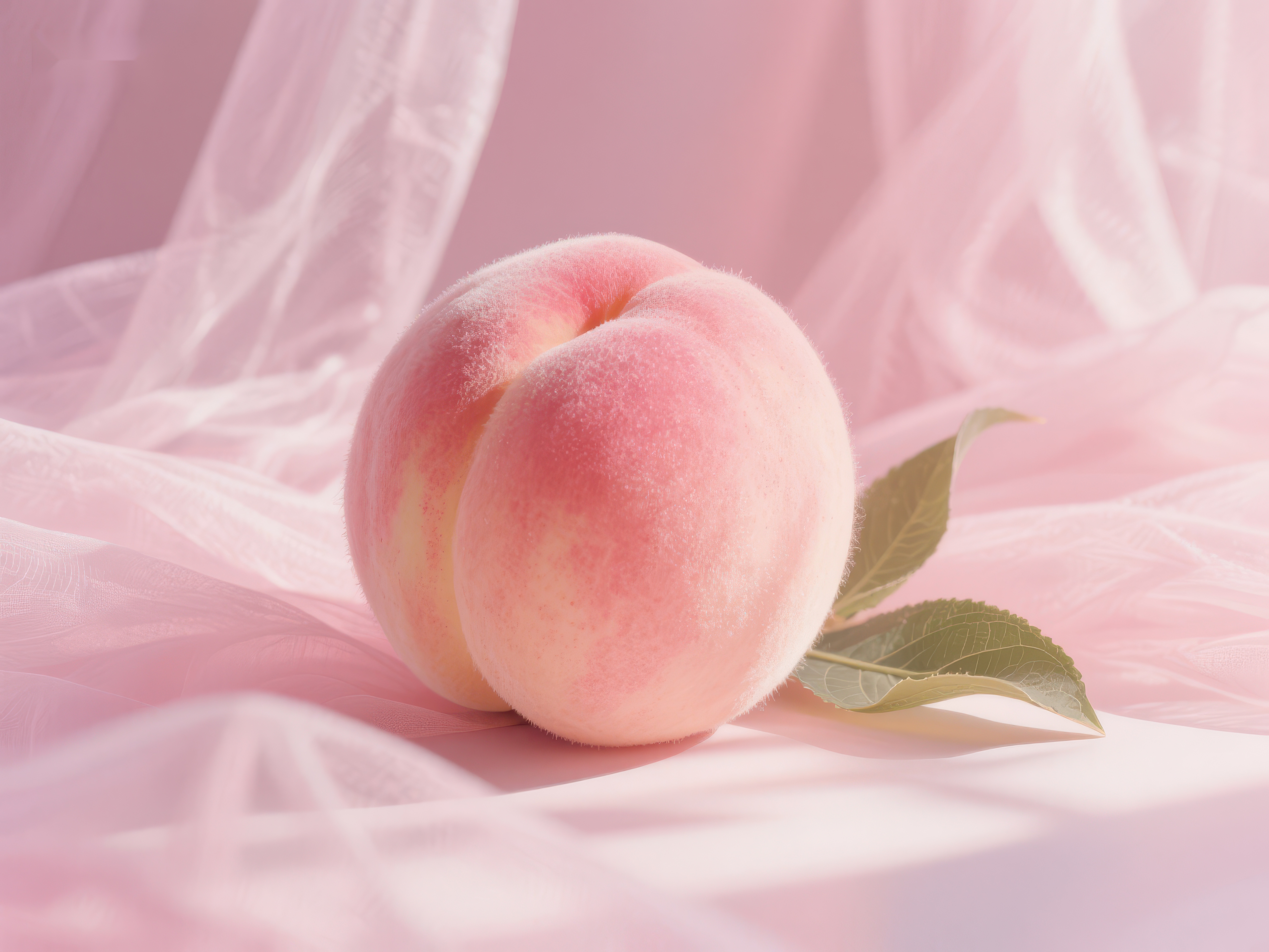 粉嫩桃子与绿叶的柔美静物素材