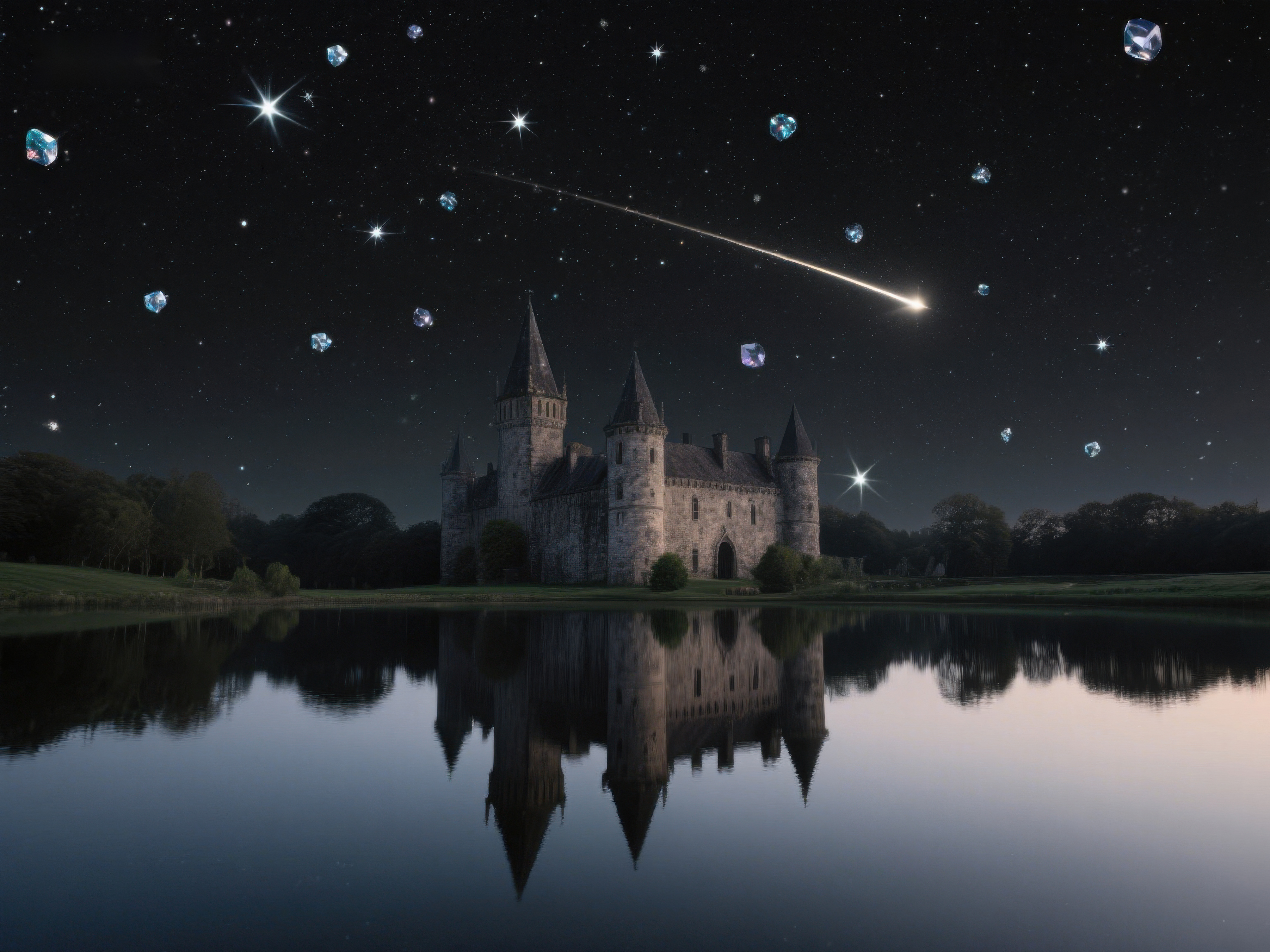 夜空流星划过古堡倒影素材