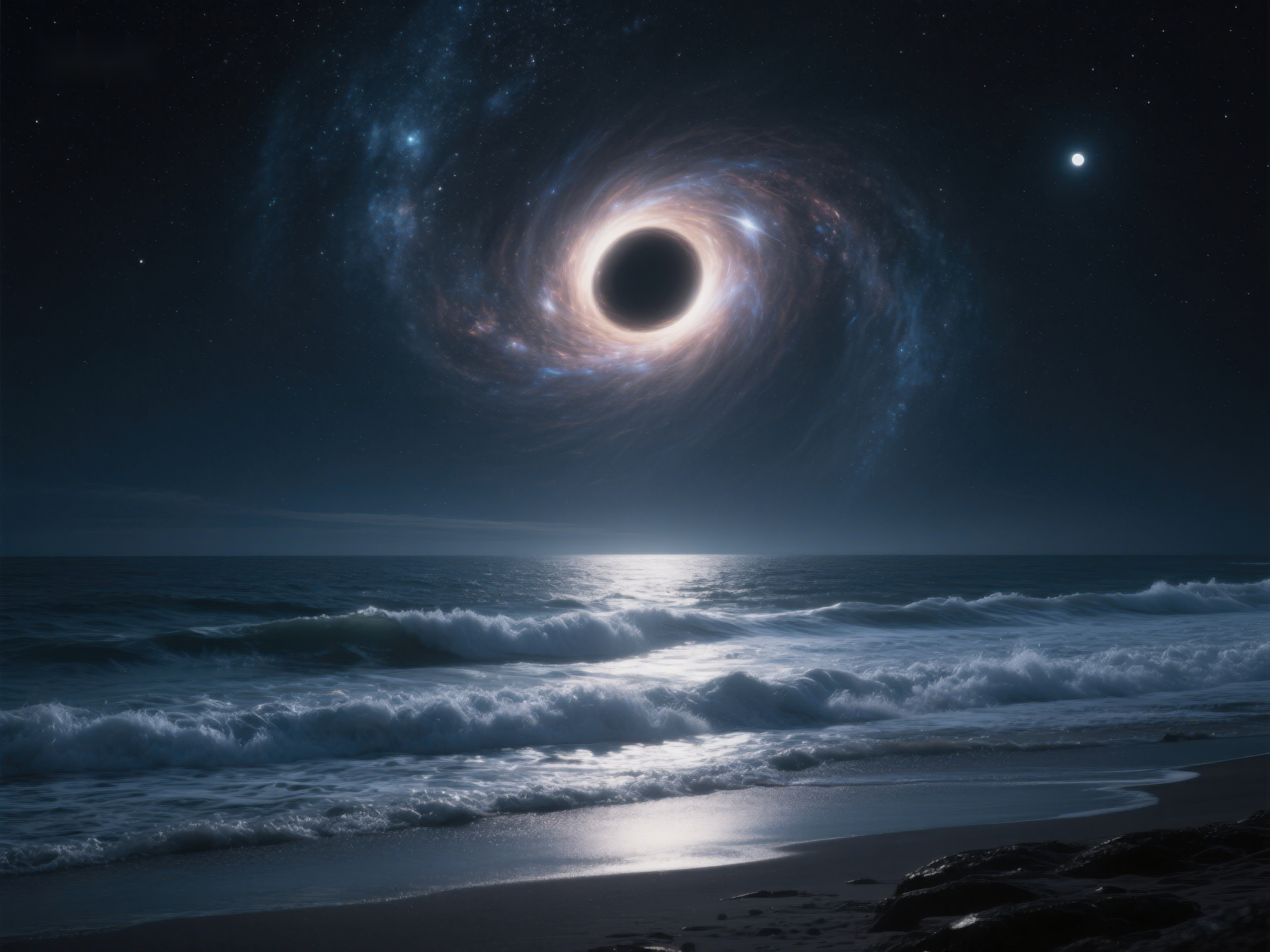 黑洞映照夜空下的海浪素材