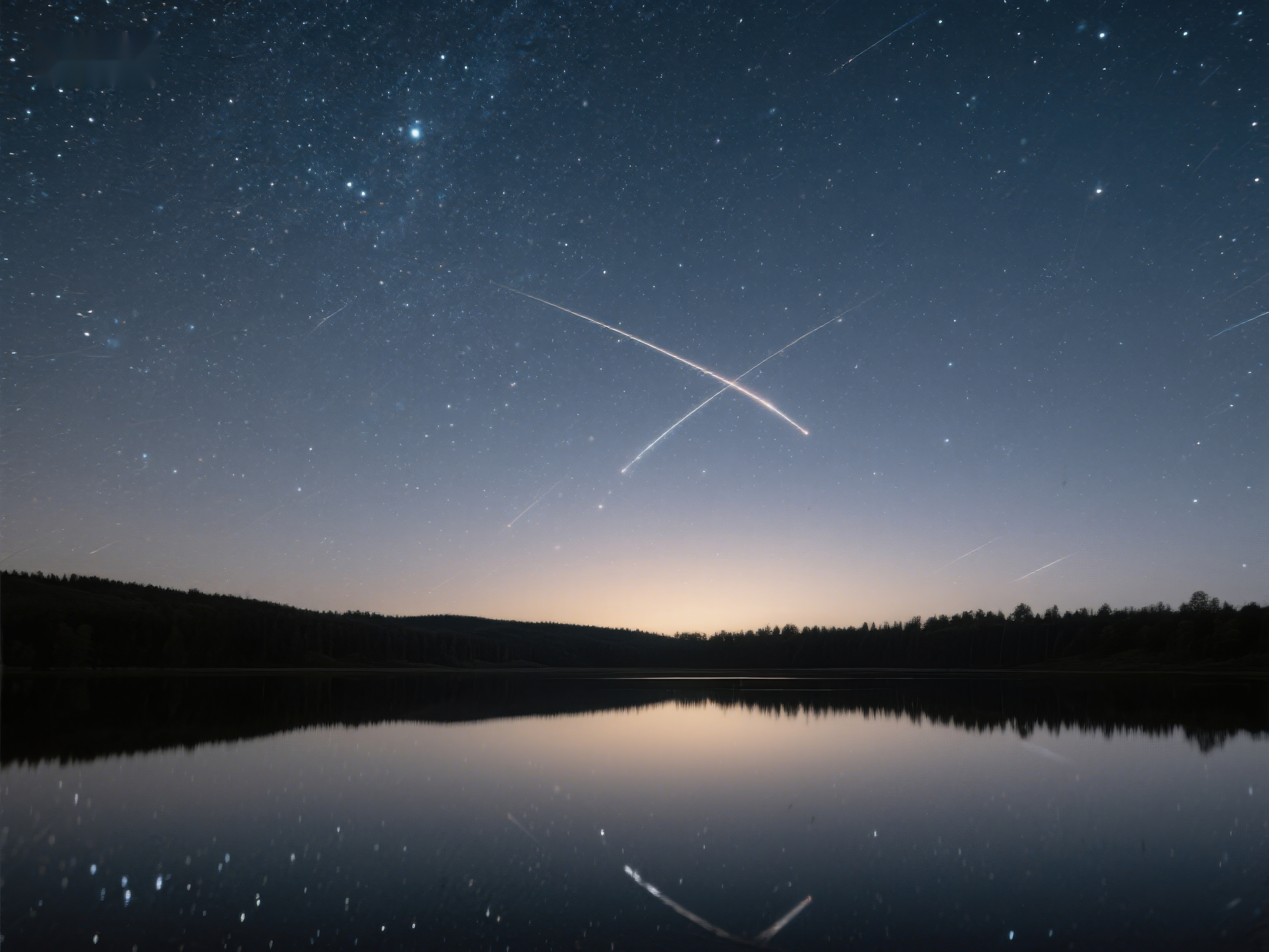 夜空流星划过湖面倒影素材