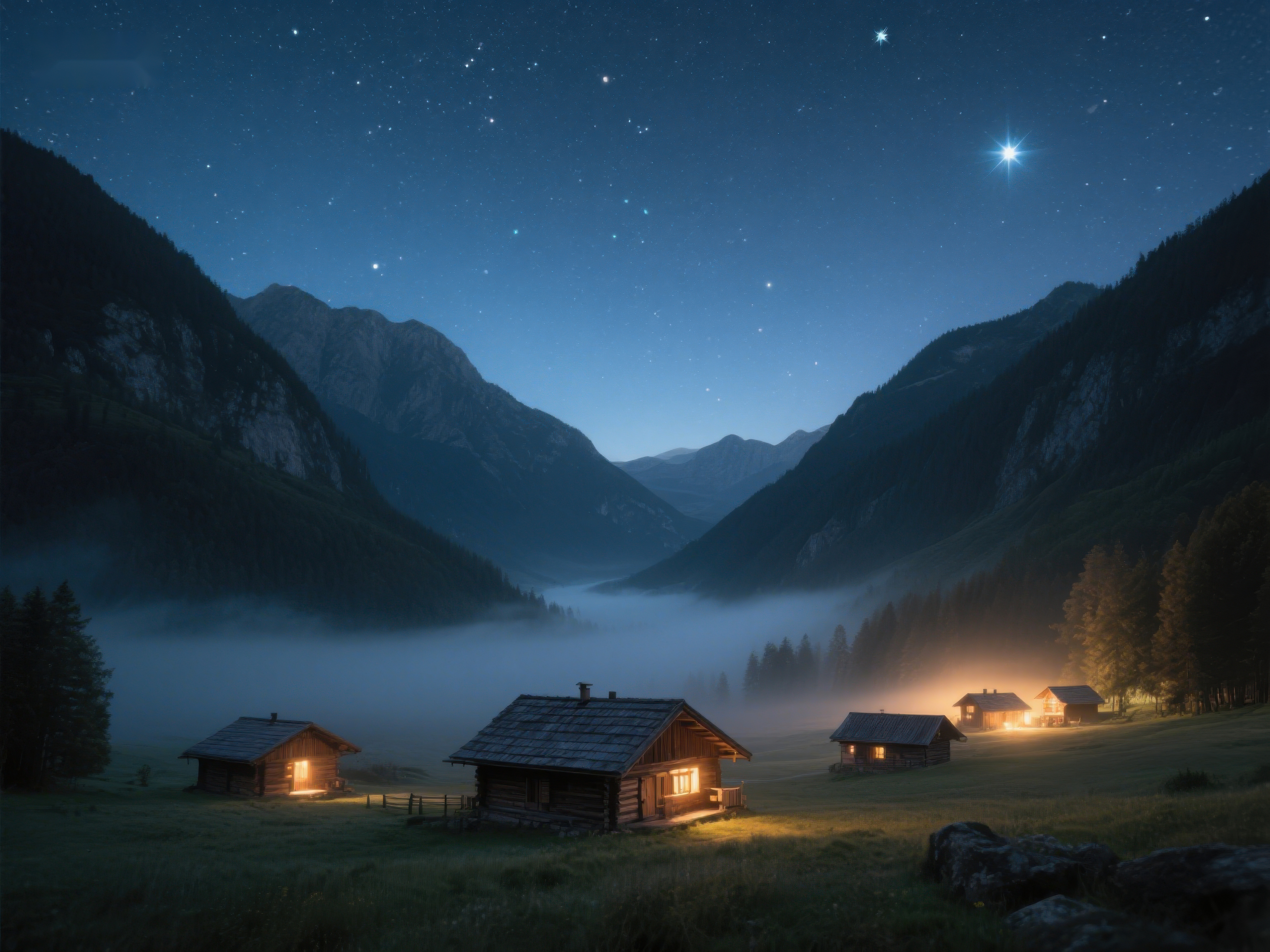 山谷夜景木屋灯火与星空素材
