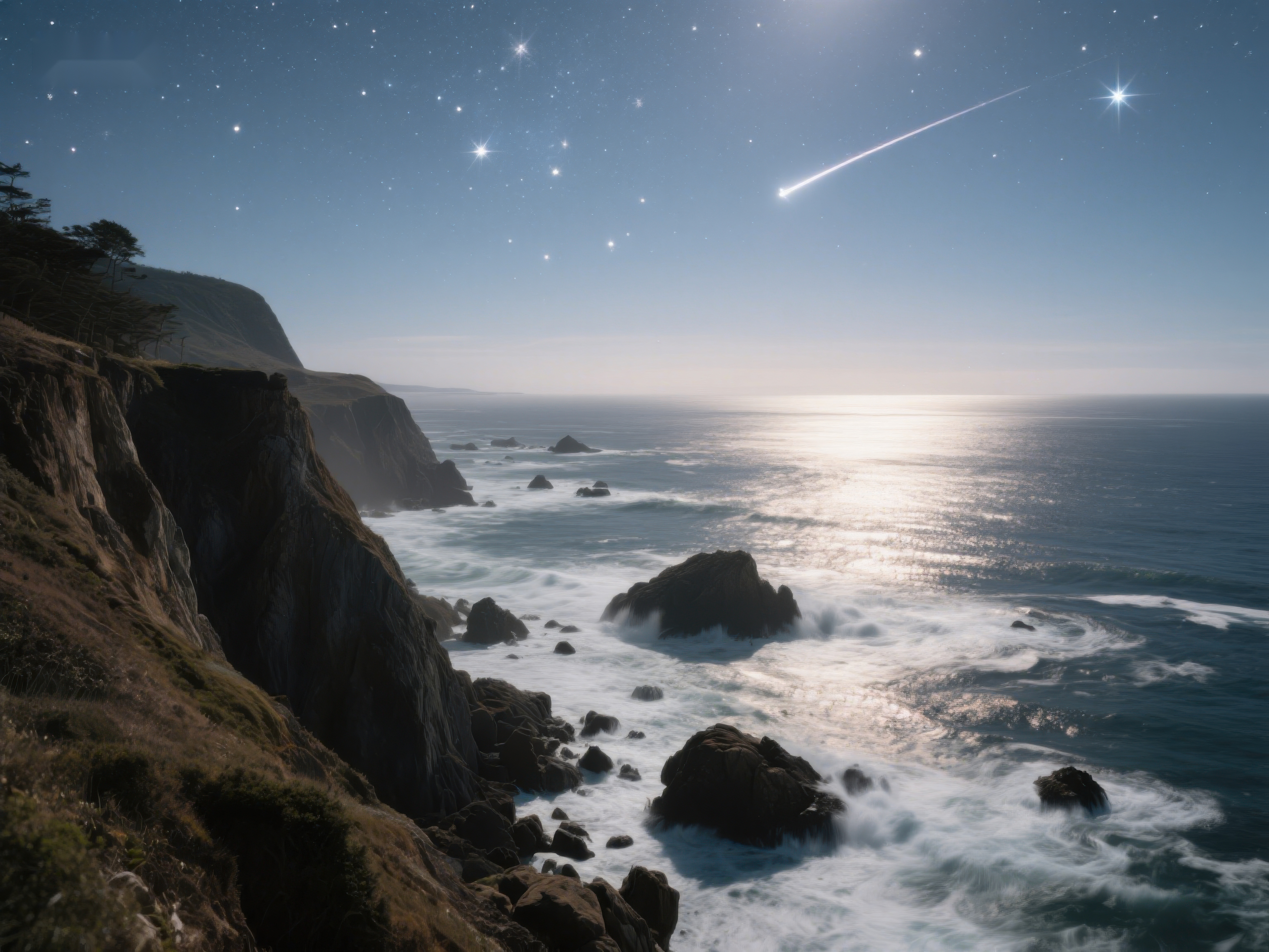 海岸夜景流星划过星空素材
