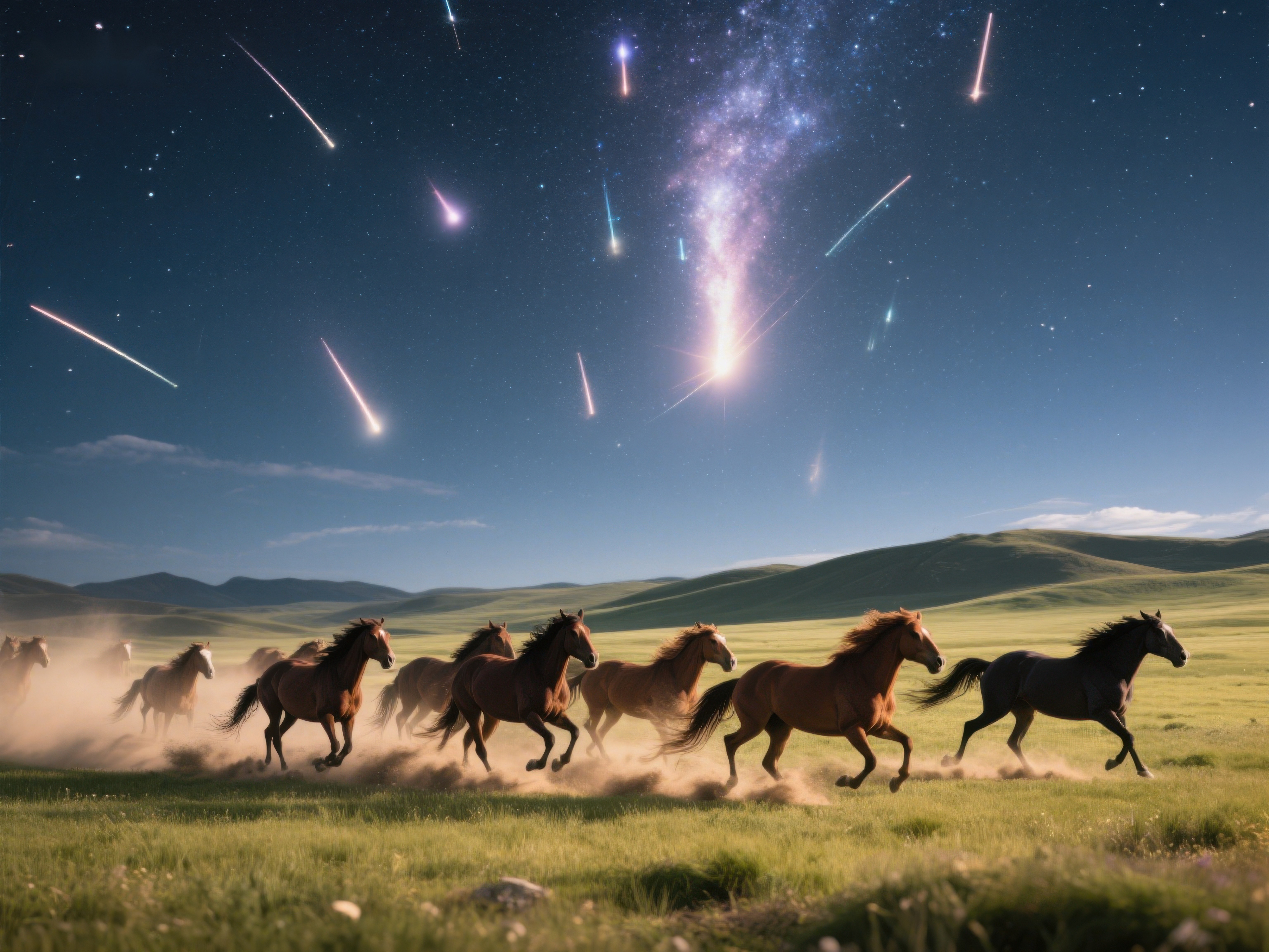 夜空流星下奔腾的骏马素材
