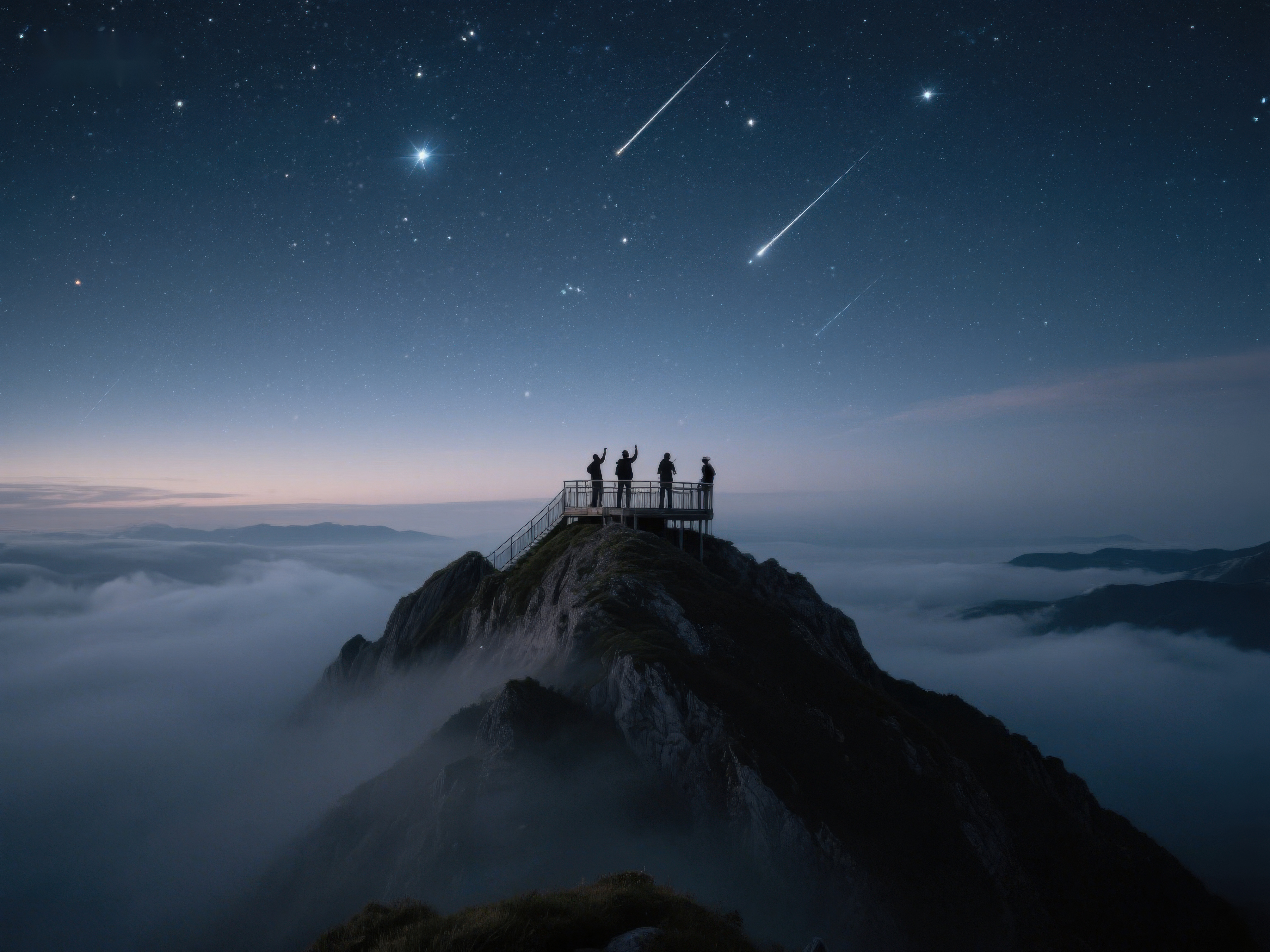 山顶观星流星划过夜空素材