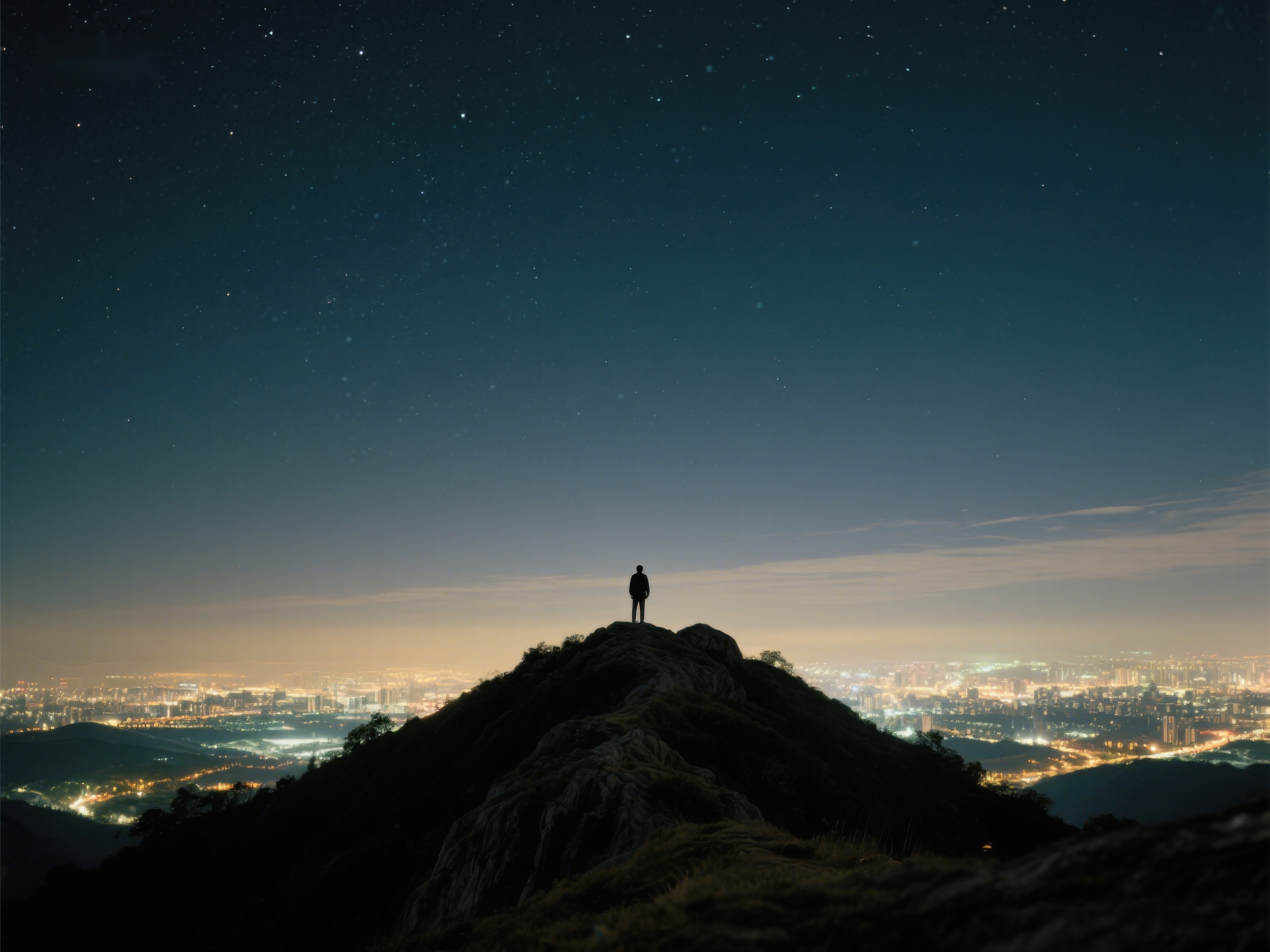 夜空下山巅的孤独身影素材