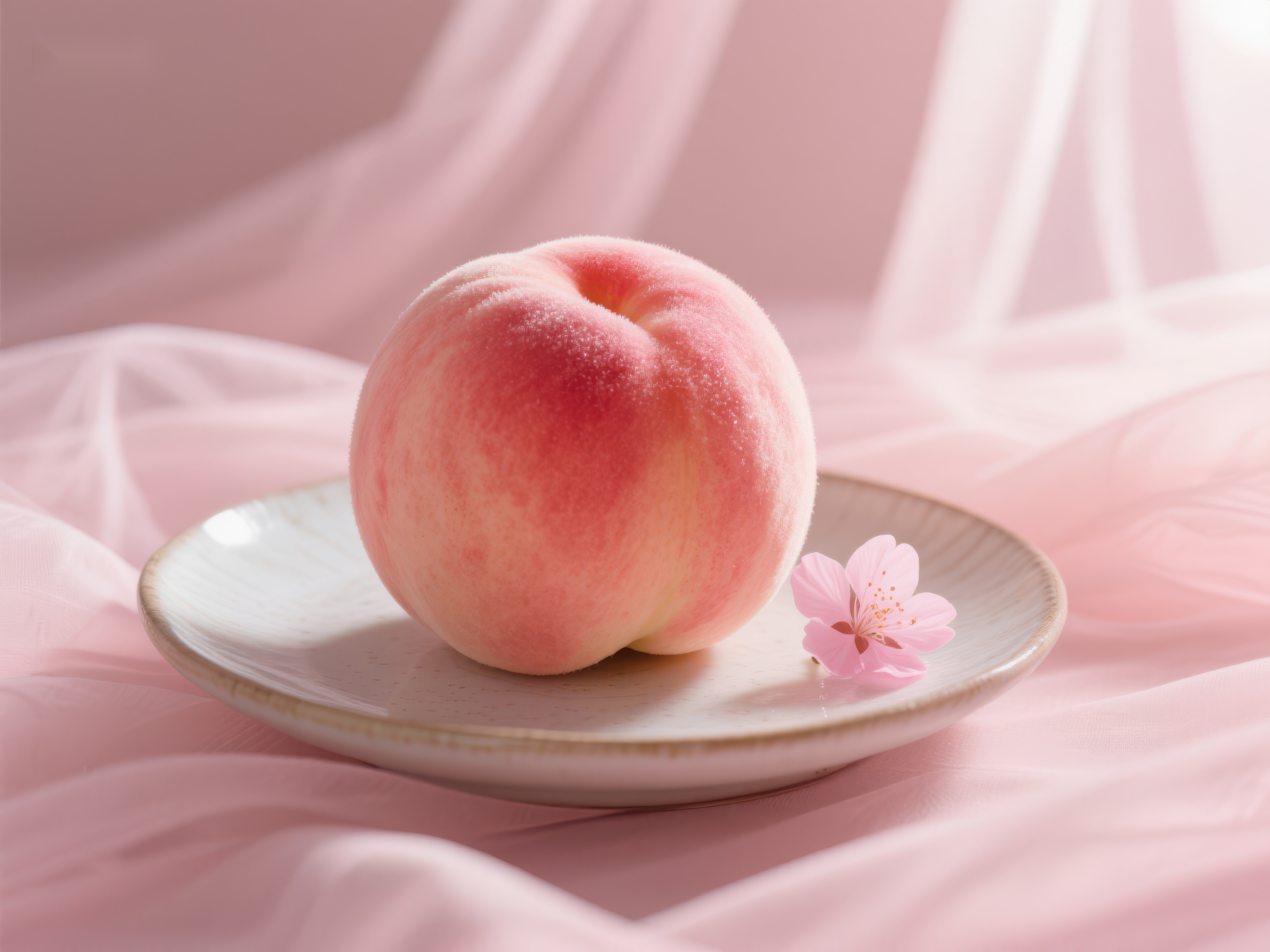 盘中桃子与樱花柔美布景素材
