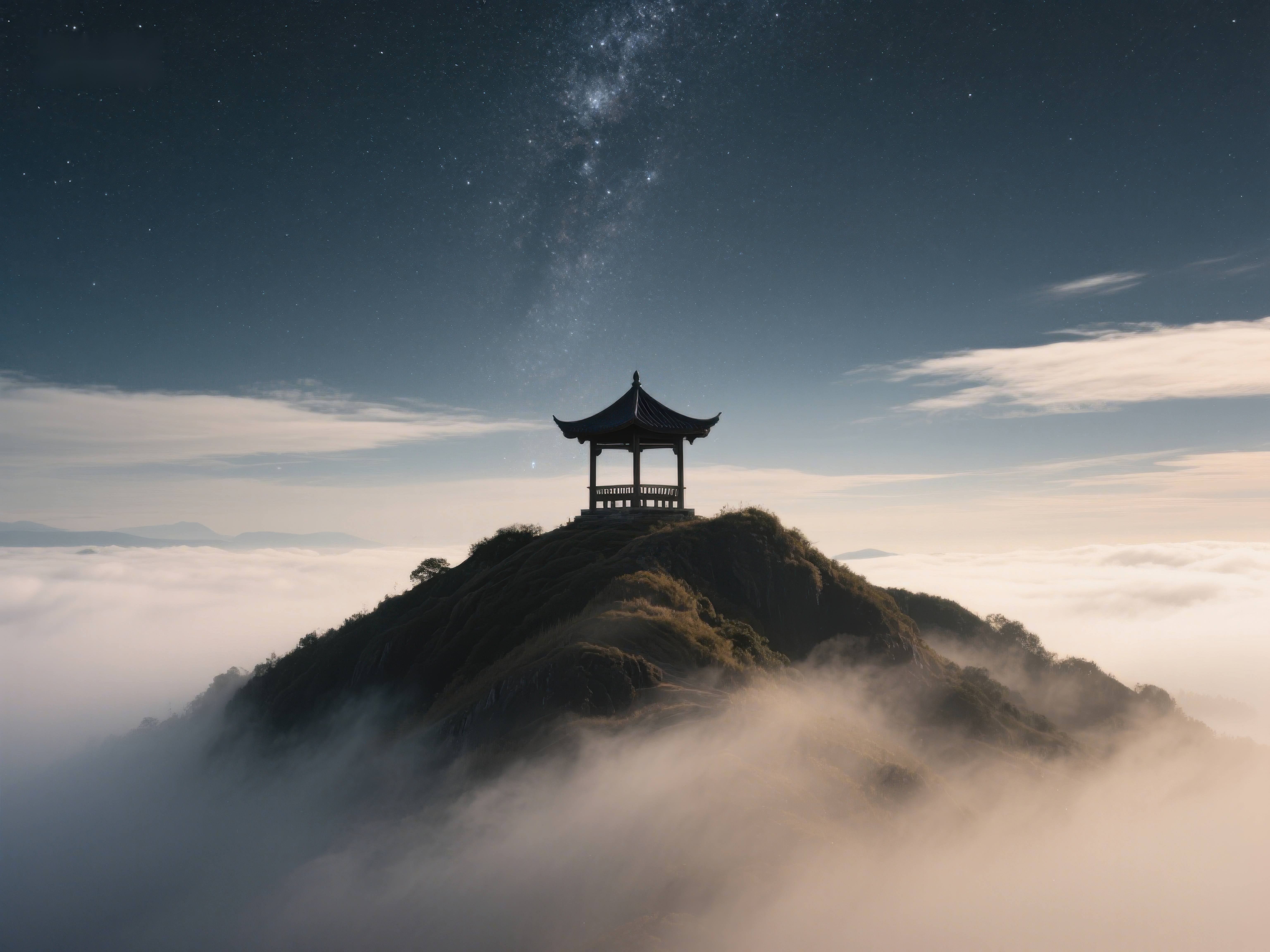 山顶亭台云海星空素材