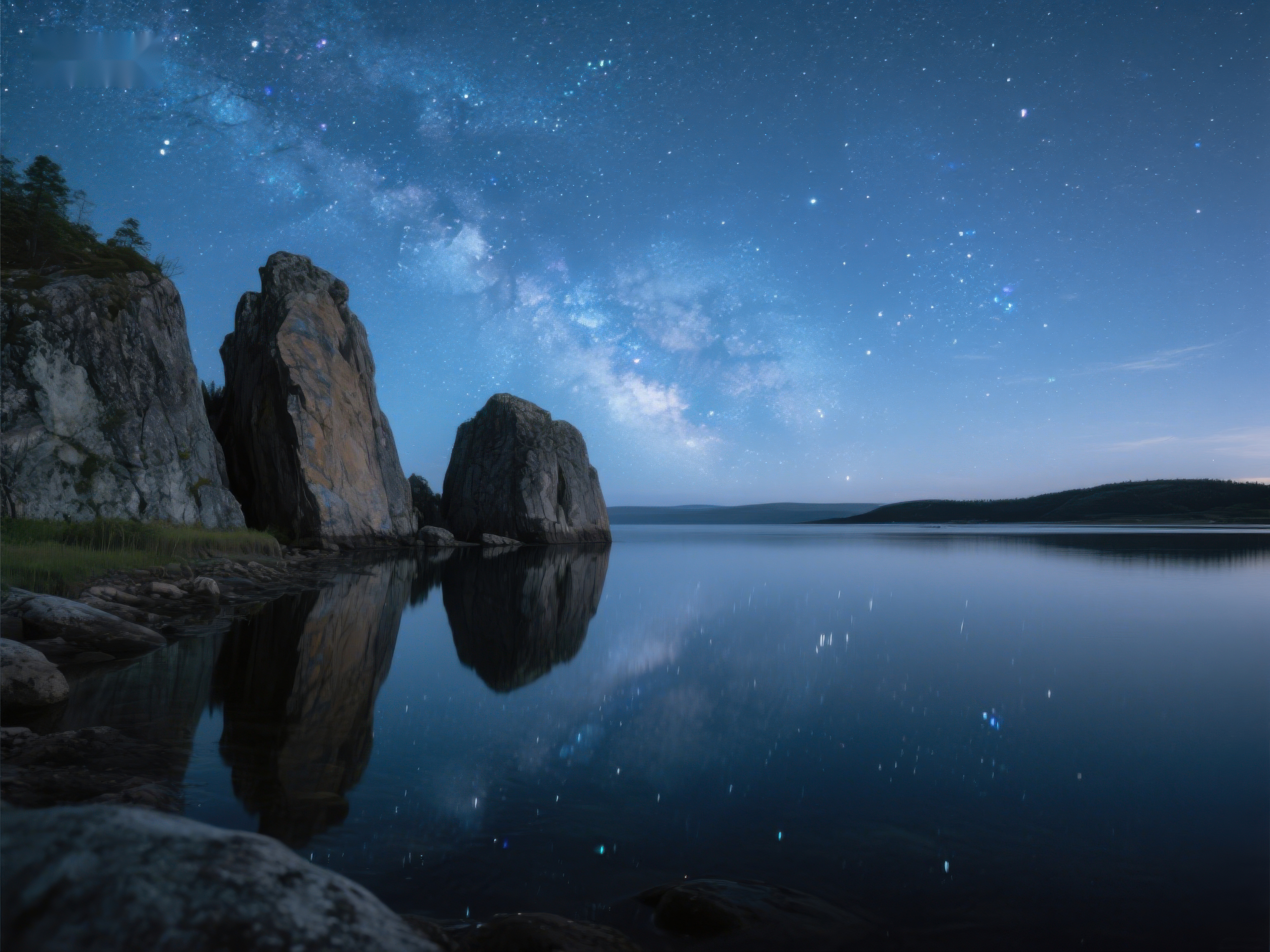 星河映湖岩石静谧夜景素材