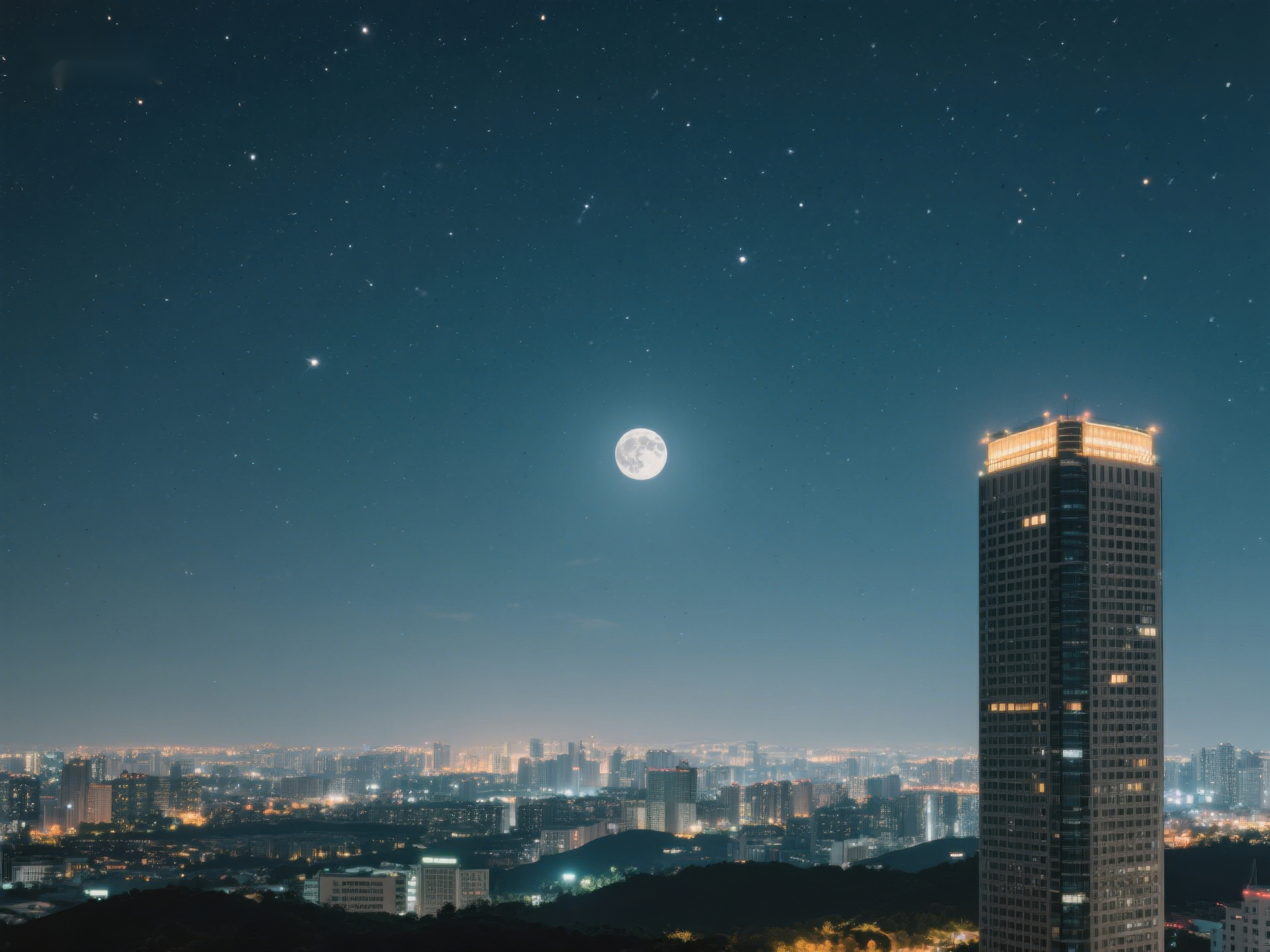 夜空下的城市与明月素材