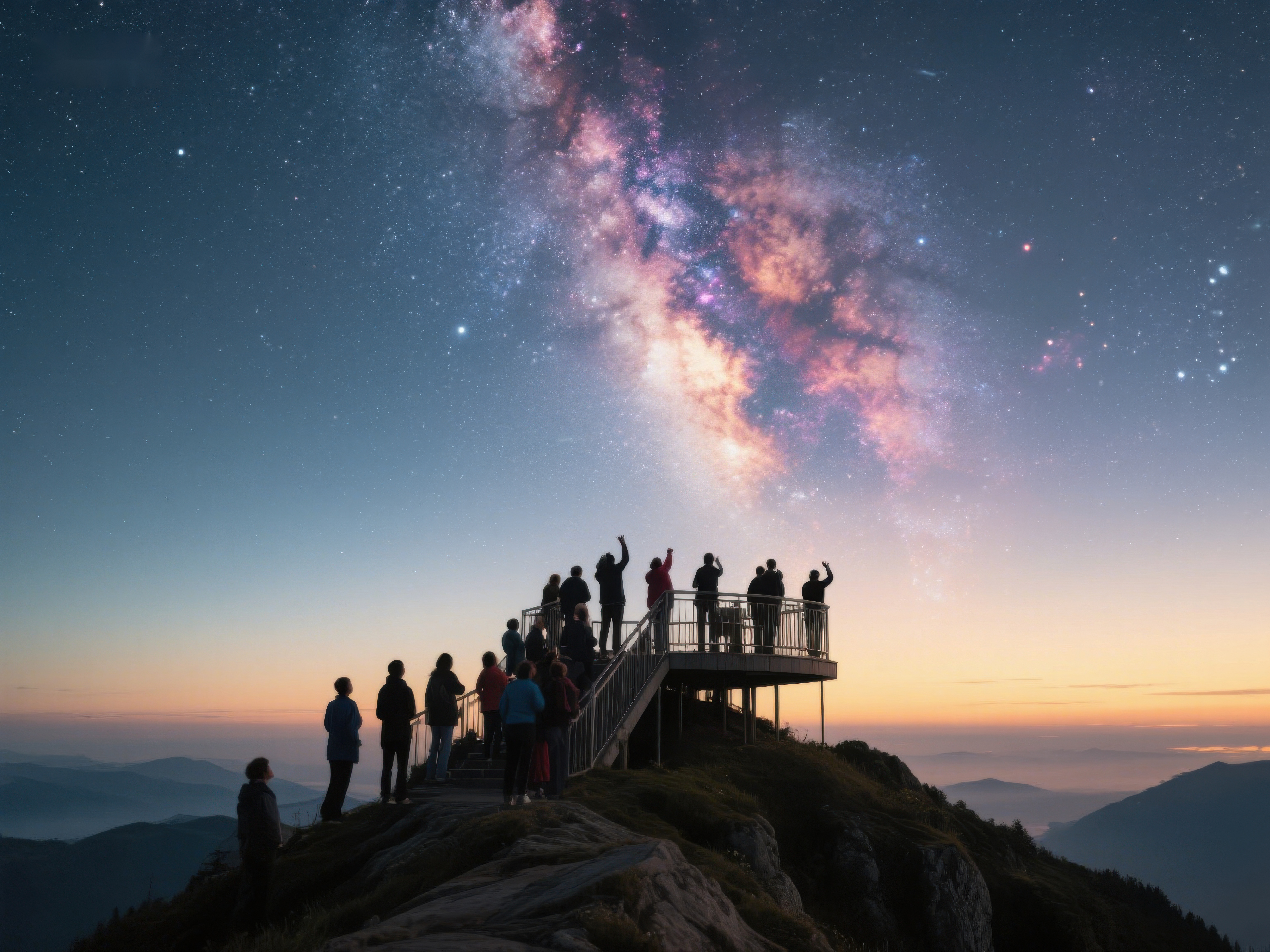 山顶观星人群仰望璀璨银河素材