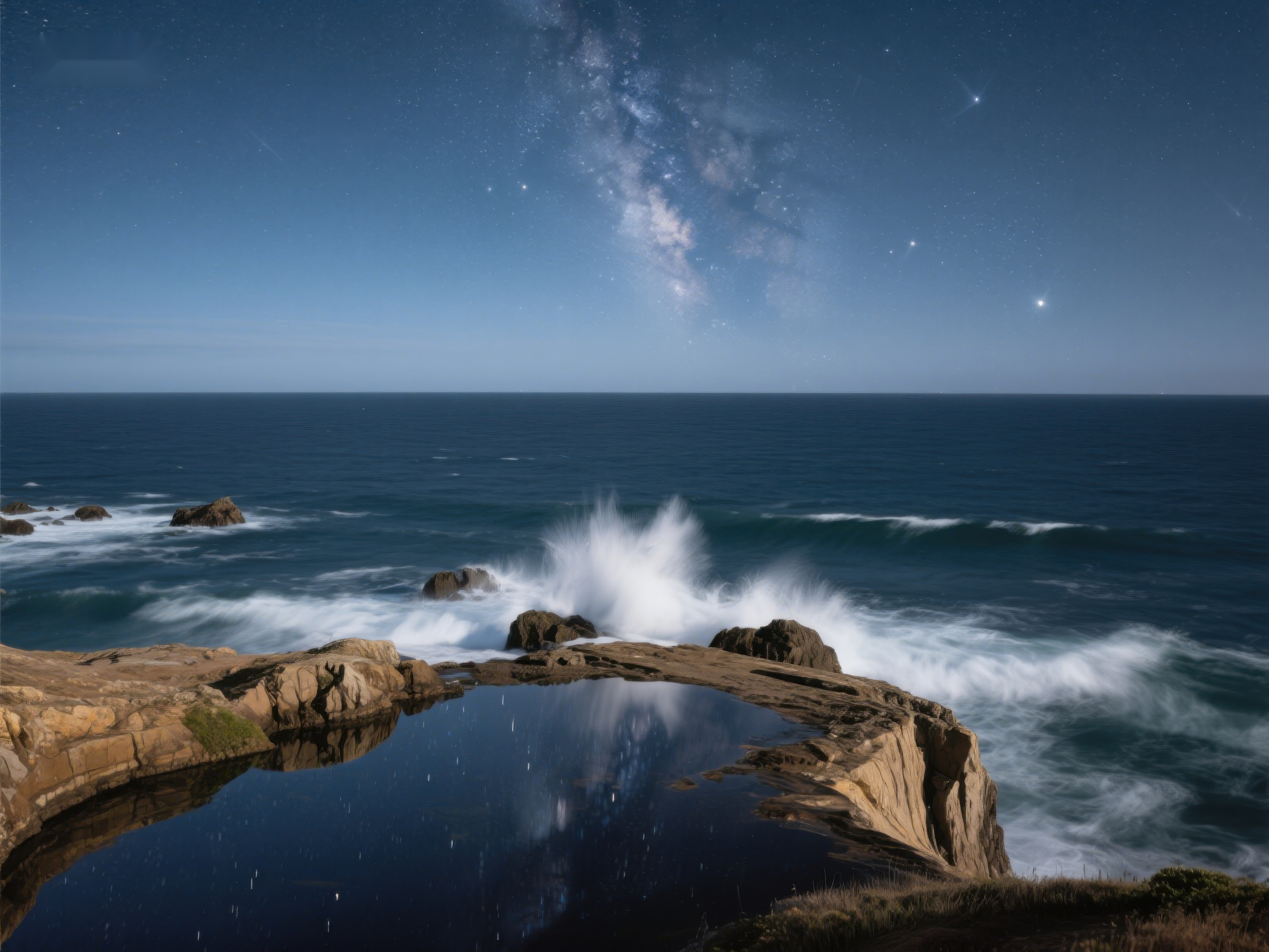 夜空下的海浪与岩石素材
