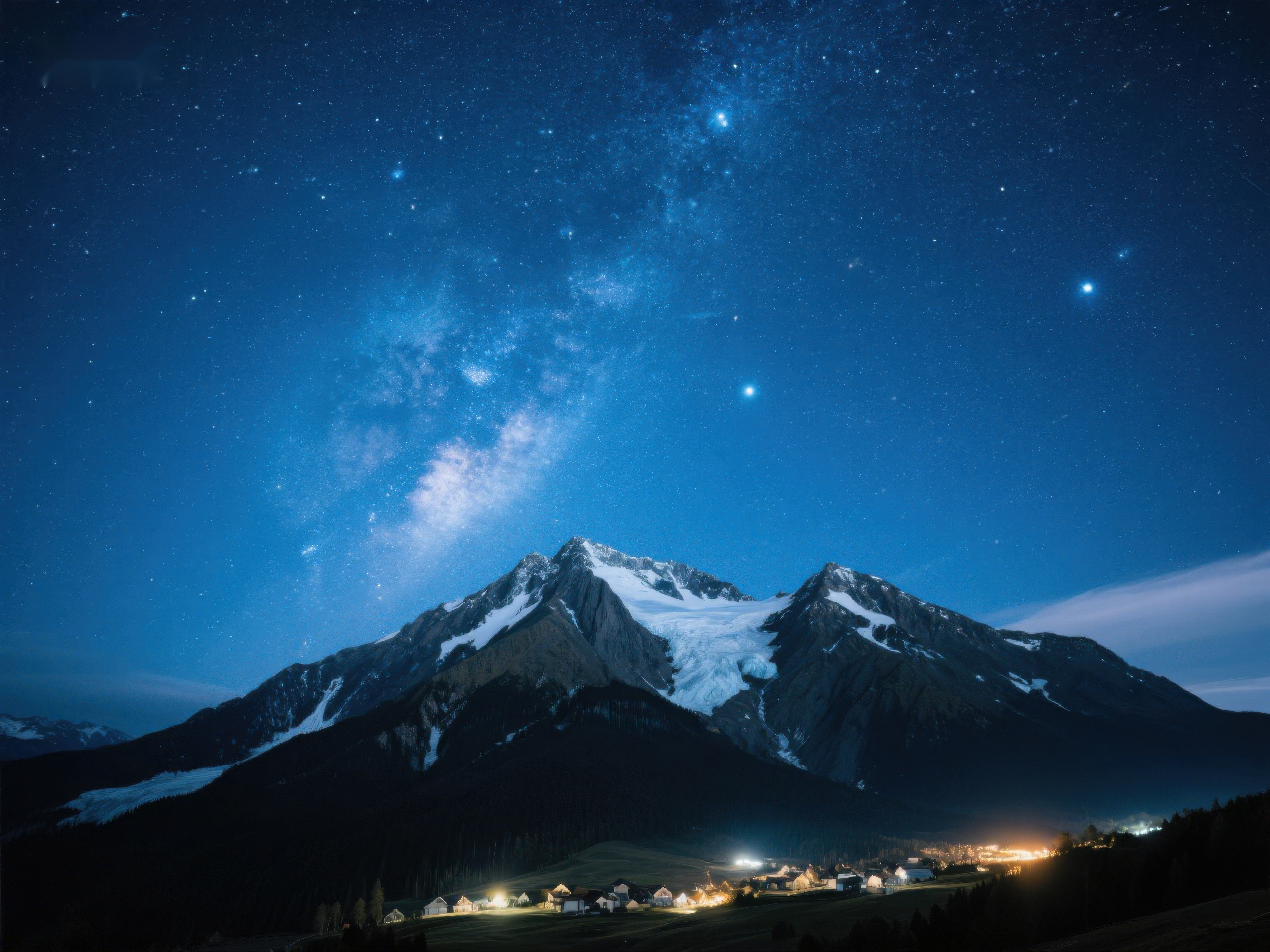 星空下的雪山与小镇素材