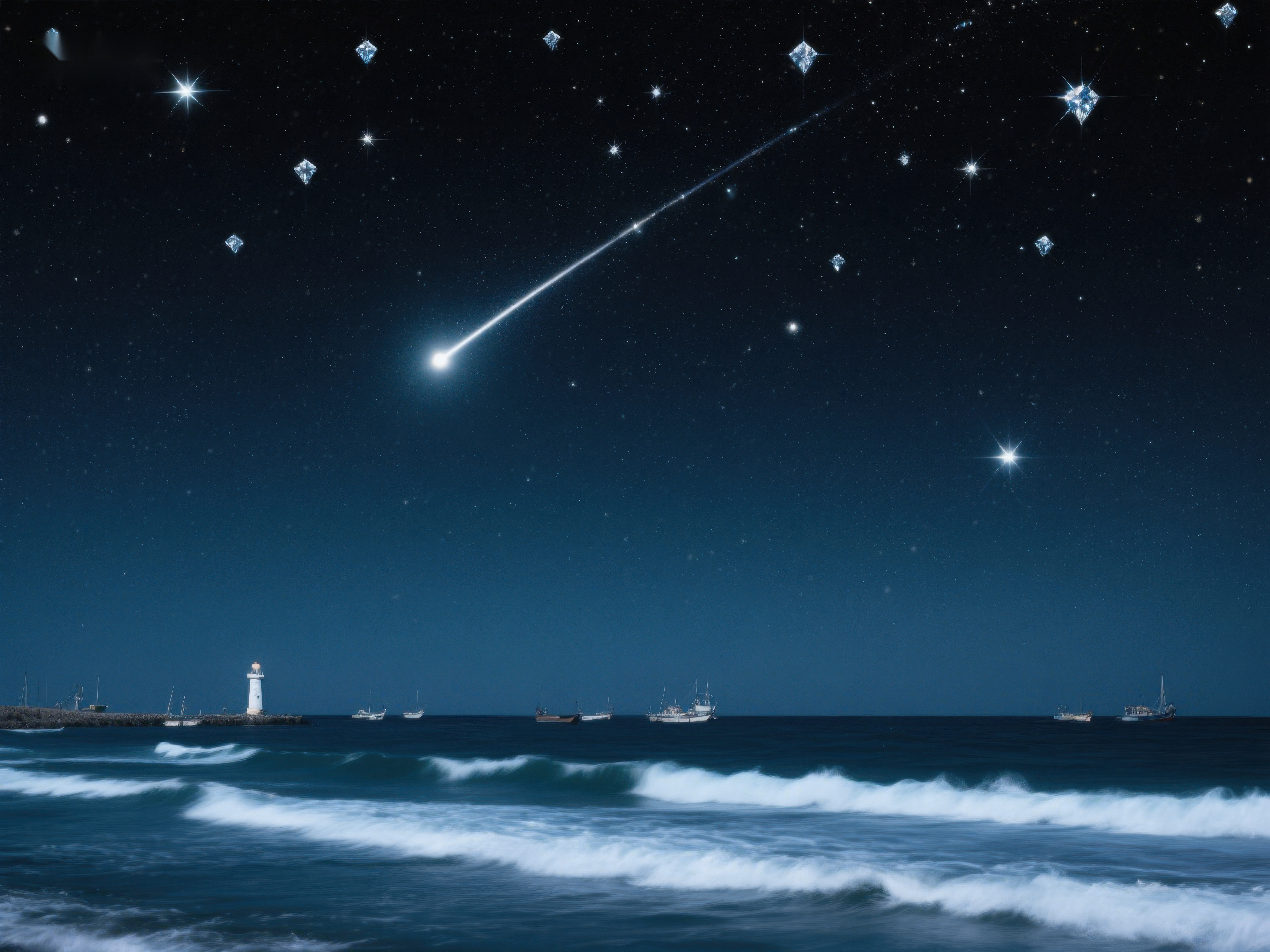 夜空流星划过海面灯塔素材