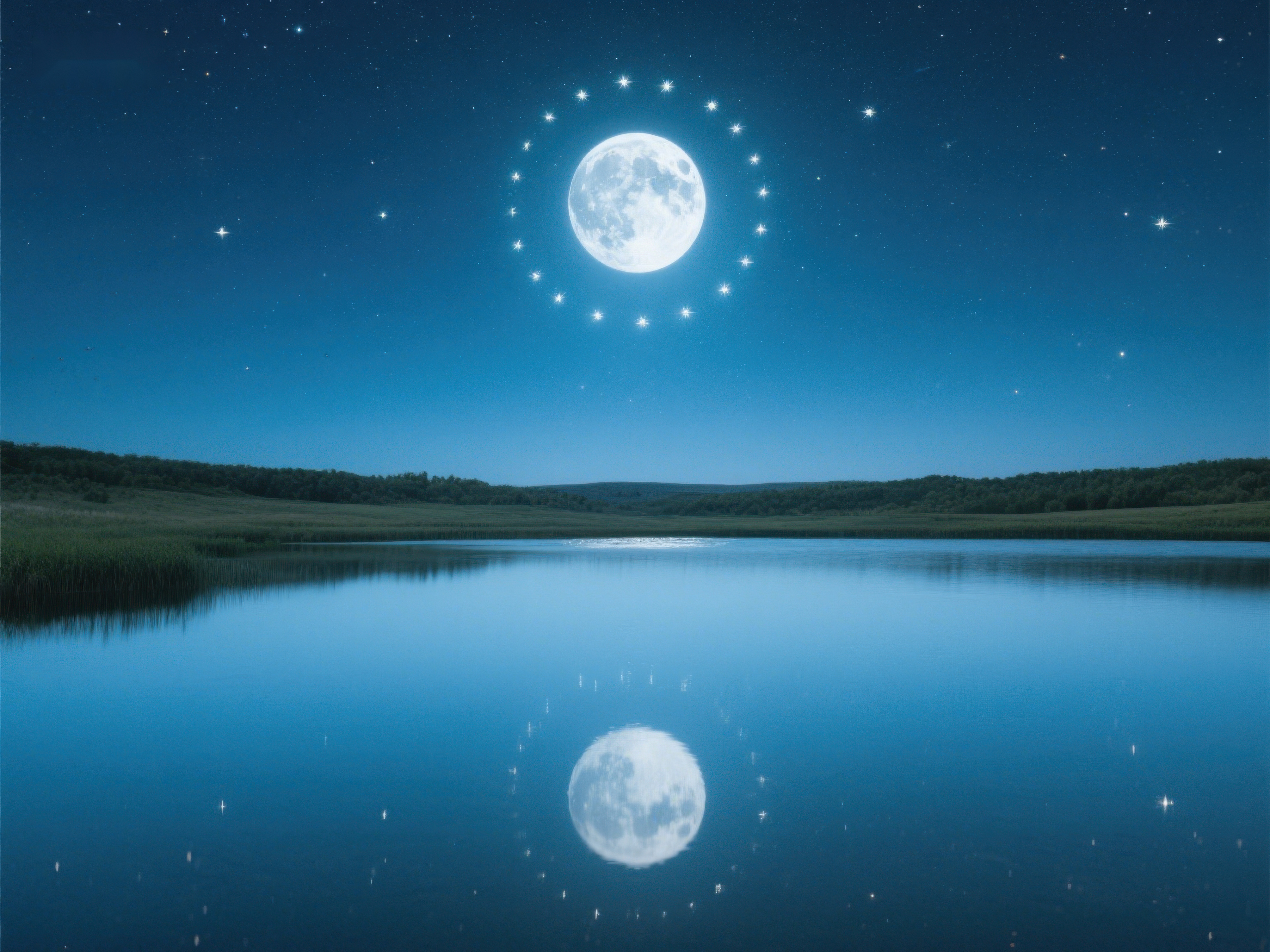 湖面映月夜空繁星素材