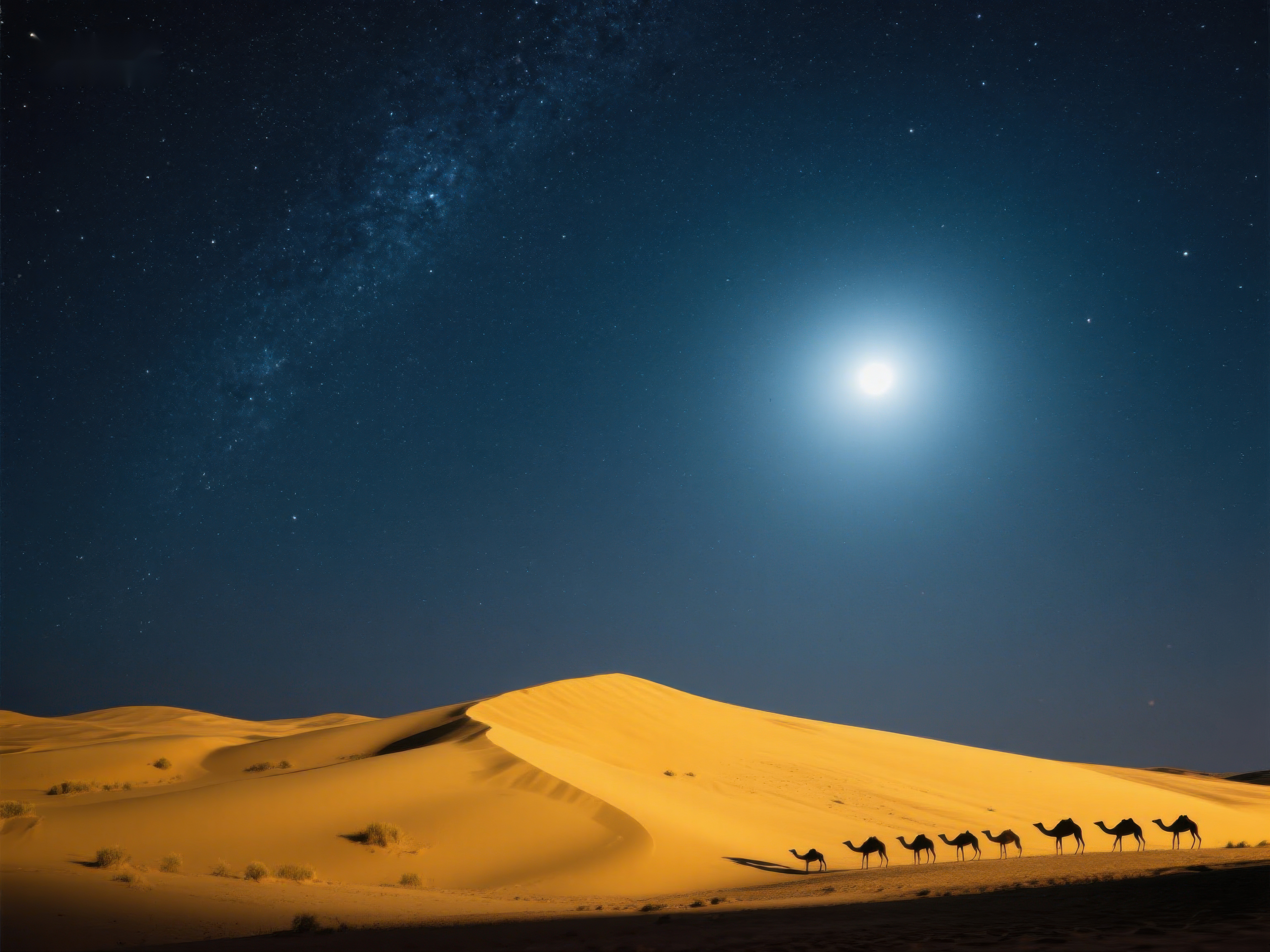 沙漠夜景骆驼队在星空下前行素材