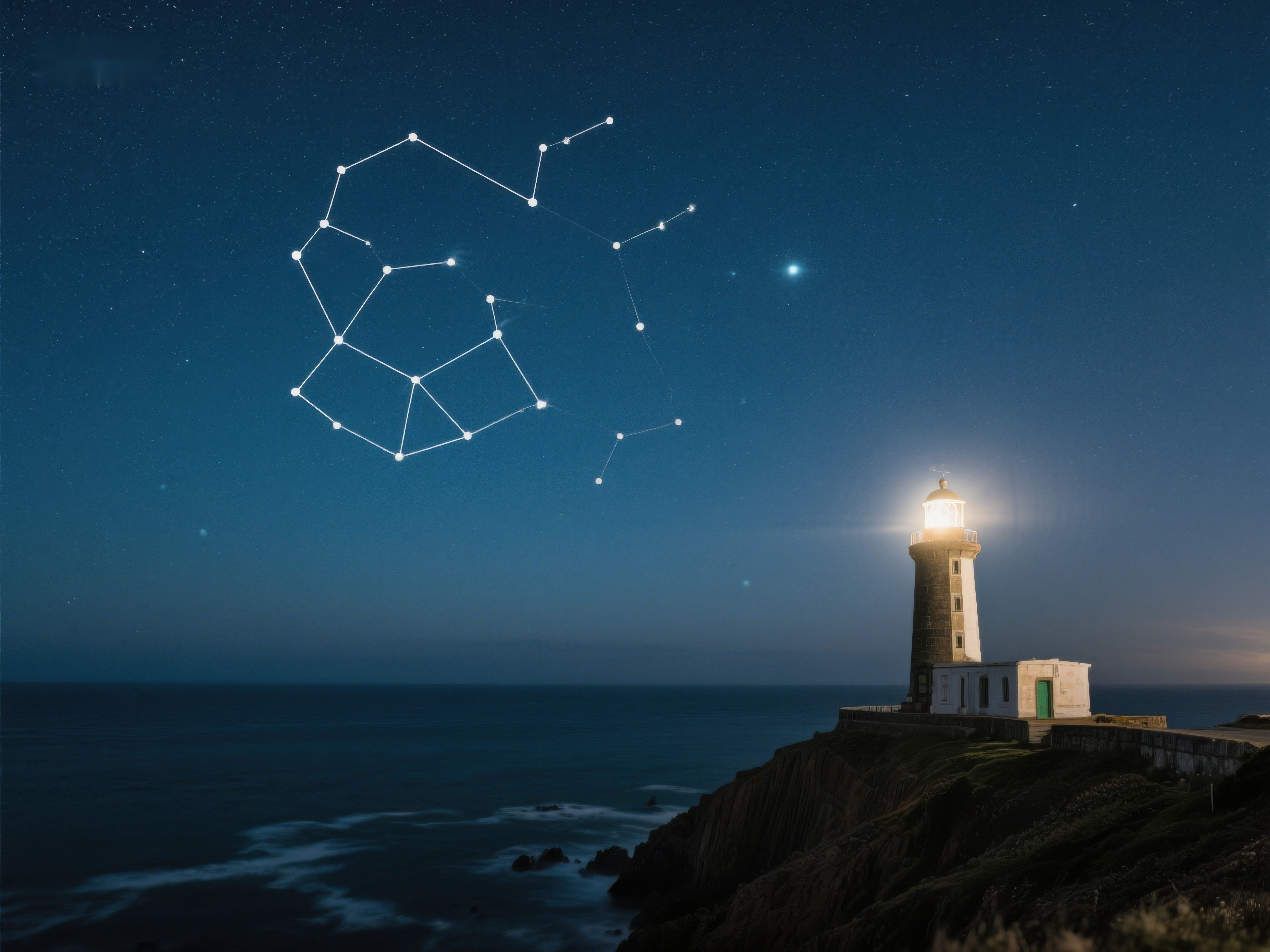 夜空下的灯塔与星座素材