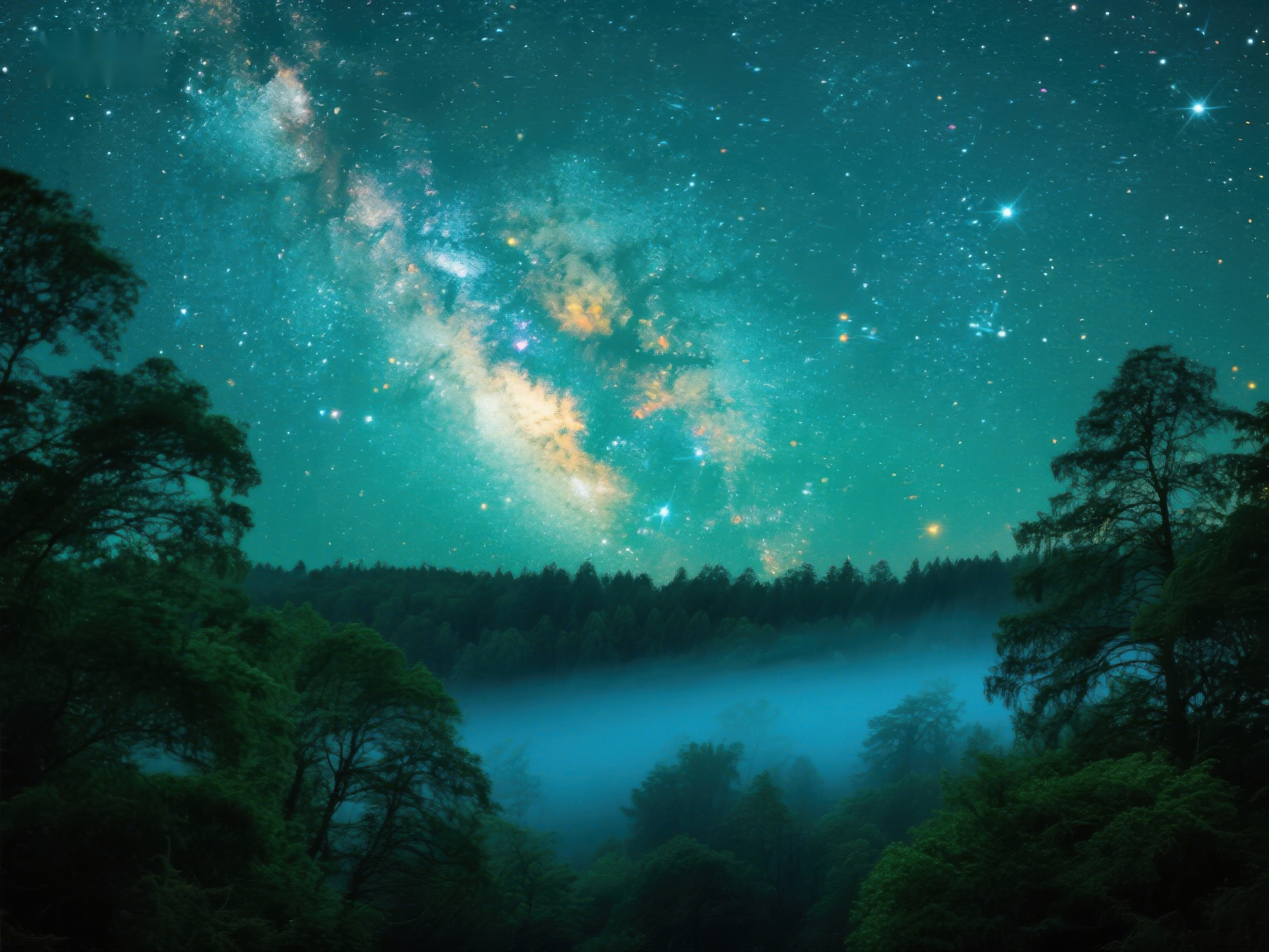 星河璀璨林间雾霭素材
