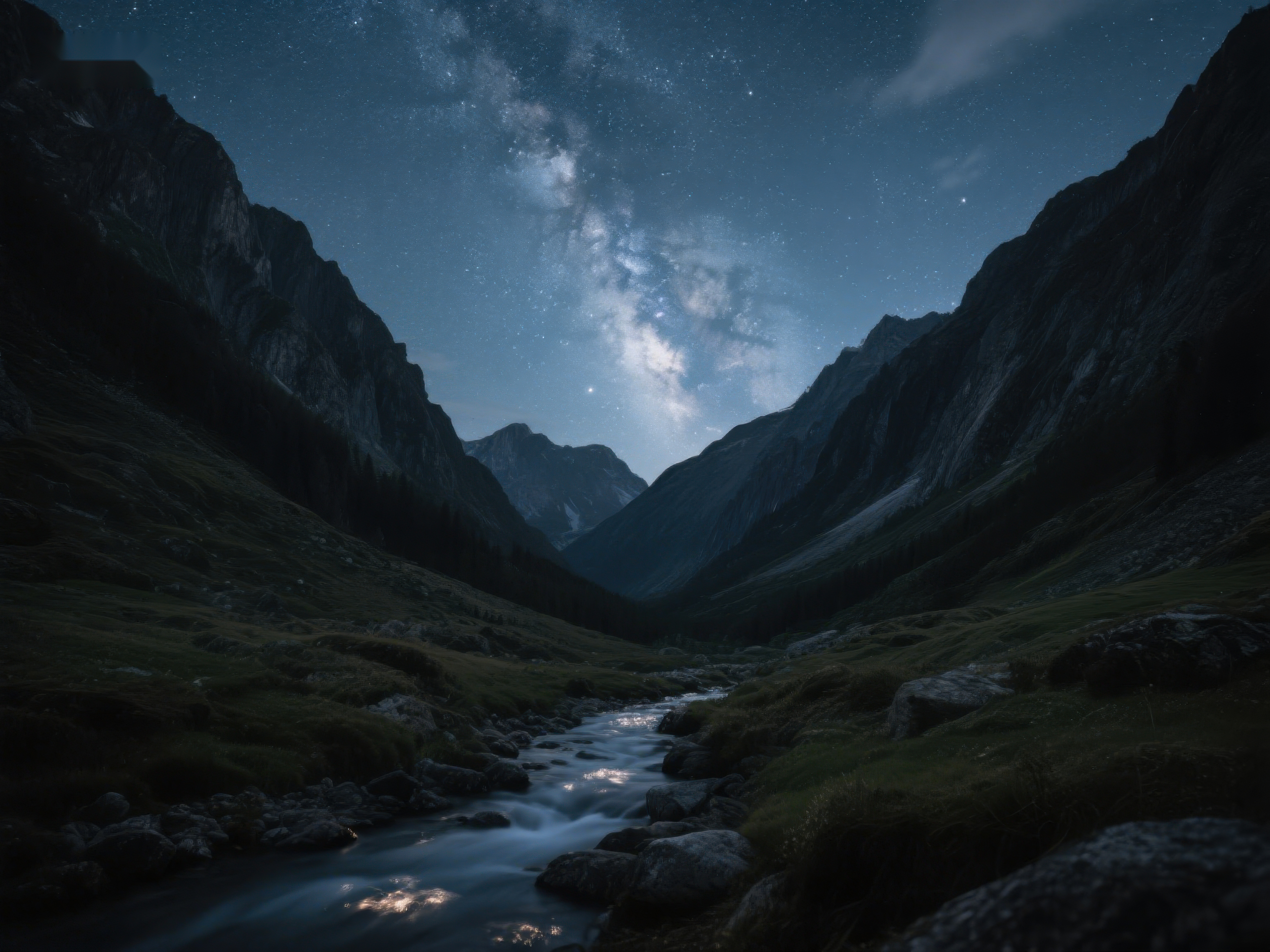 星河璀璨下的山谷溪流素材