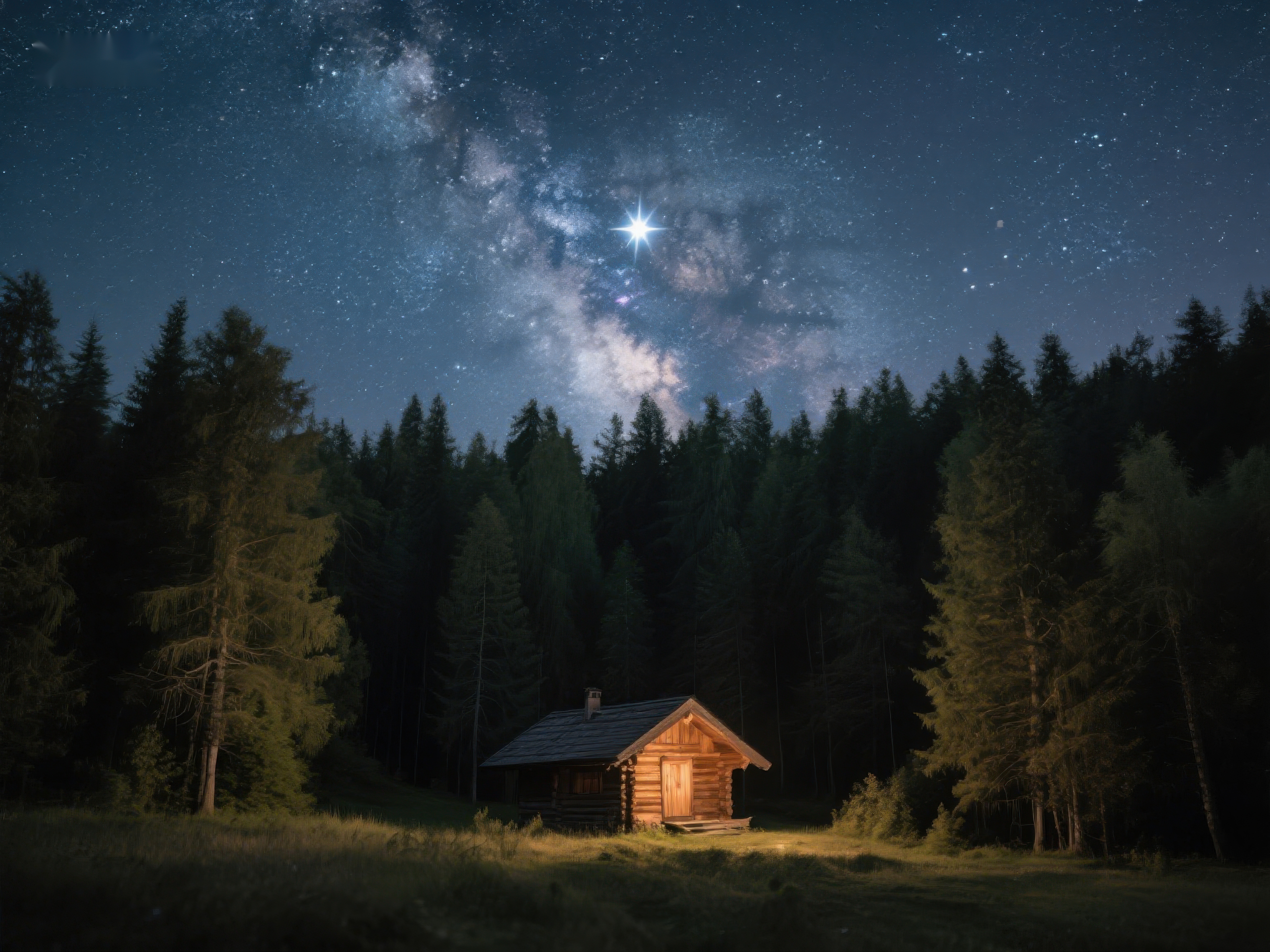 星空下的森林木屋素材