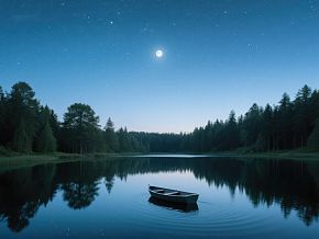 月夜湖畔孤舟静谧素材下载-众图网