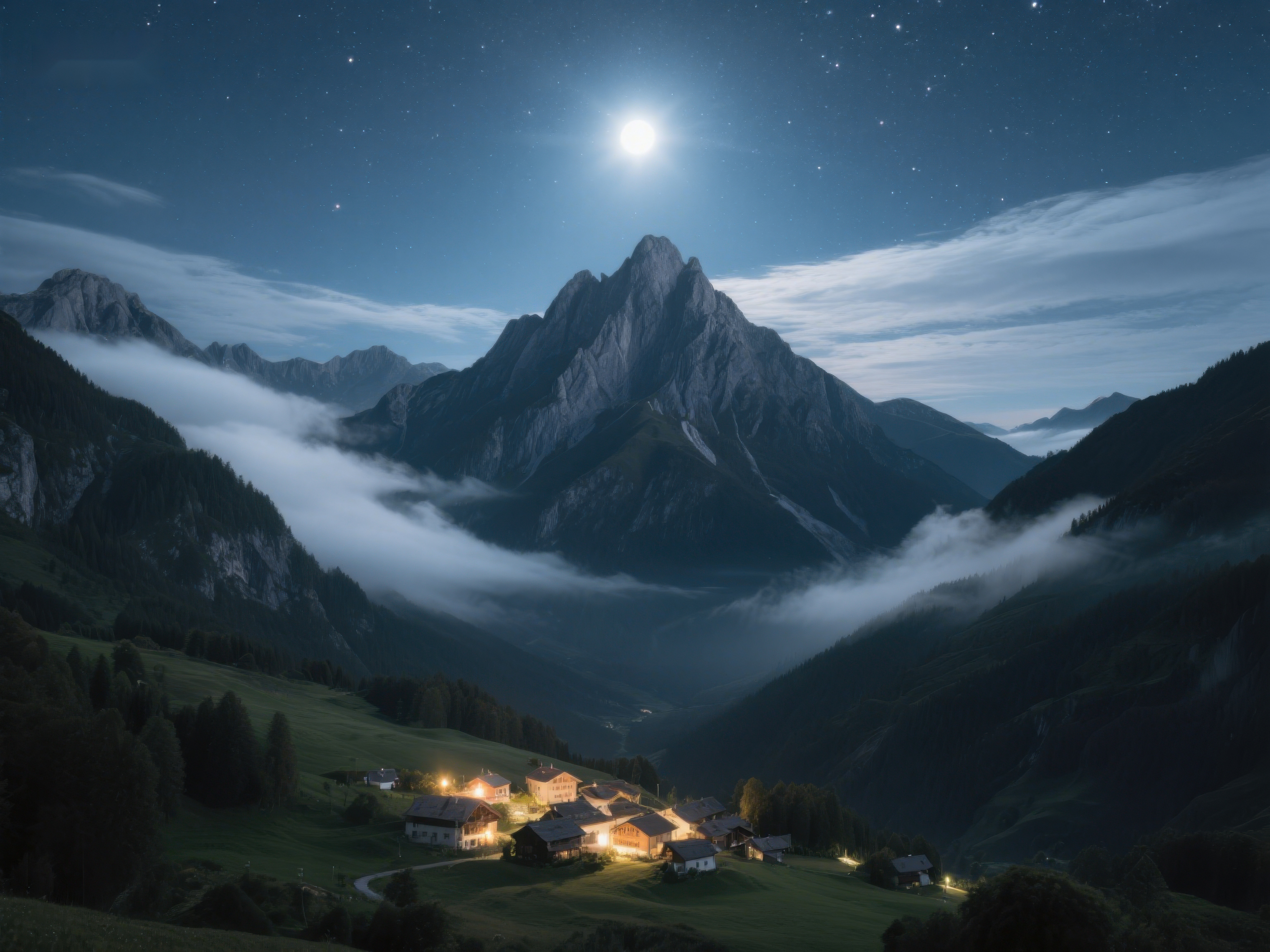月夜山间村落灯火素材