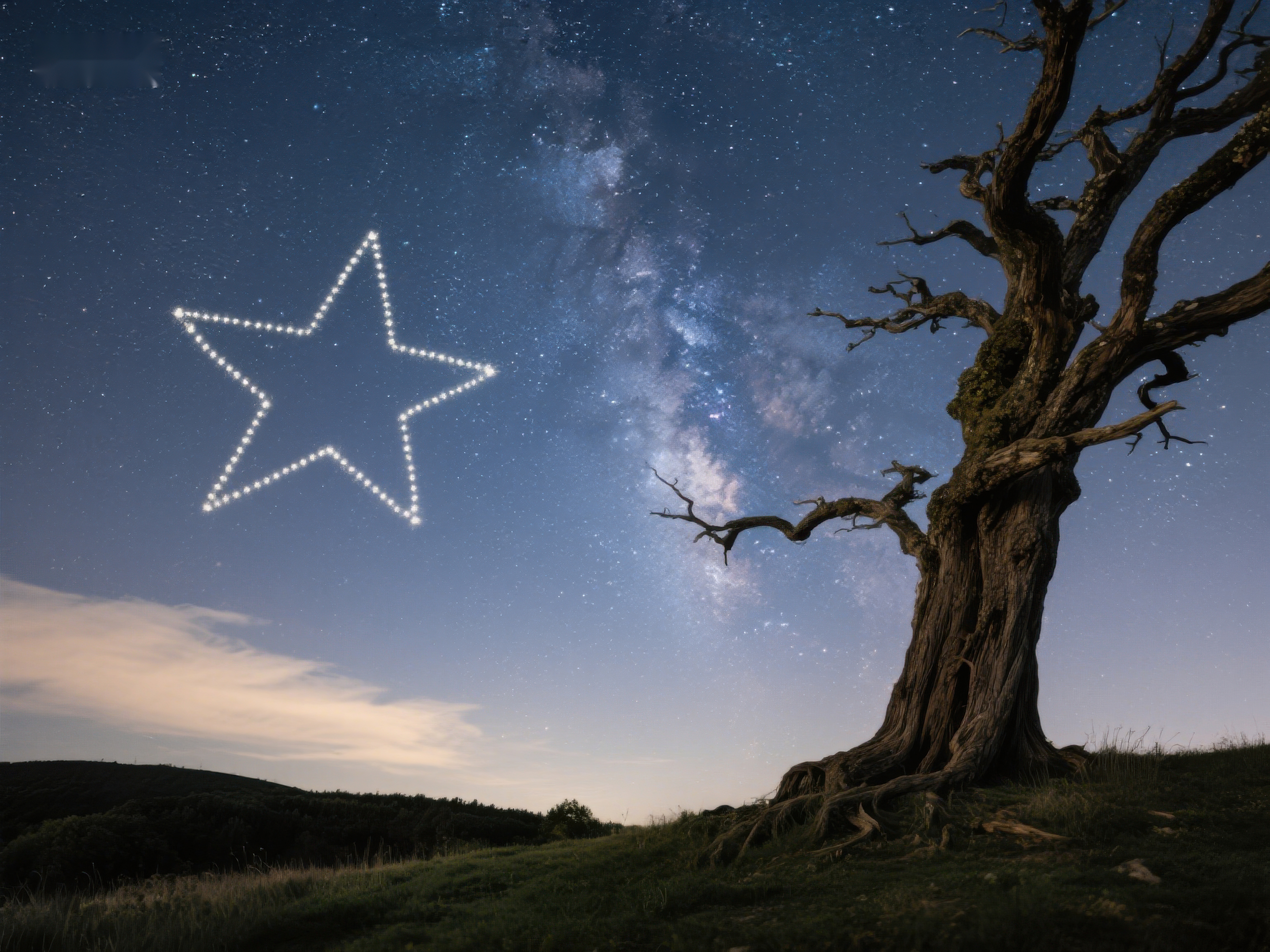 夜空下的古老树木与星光素材