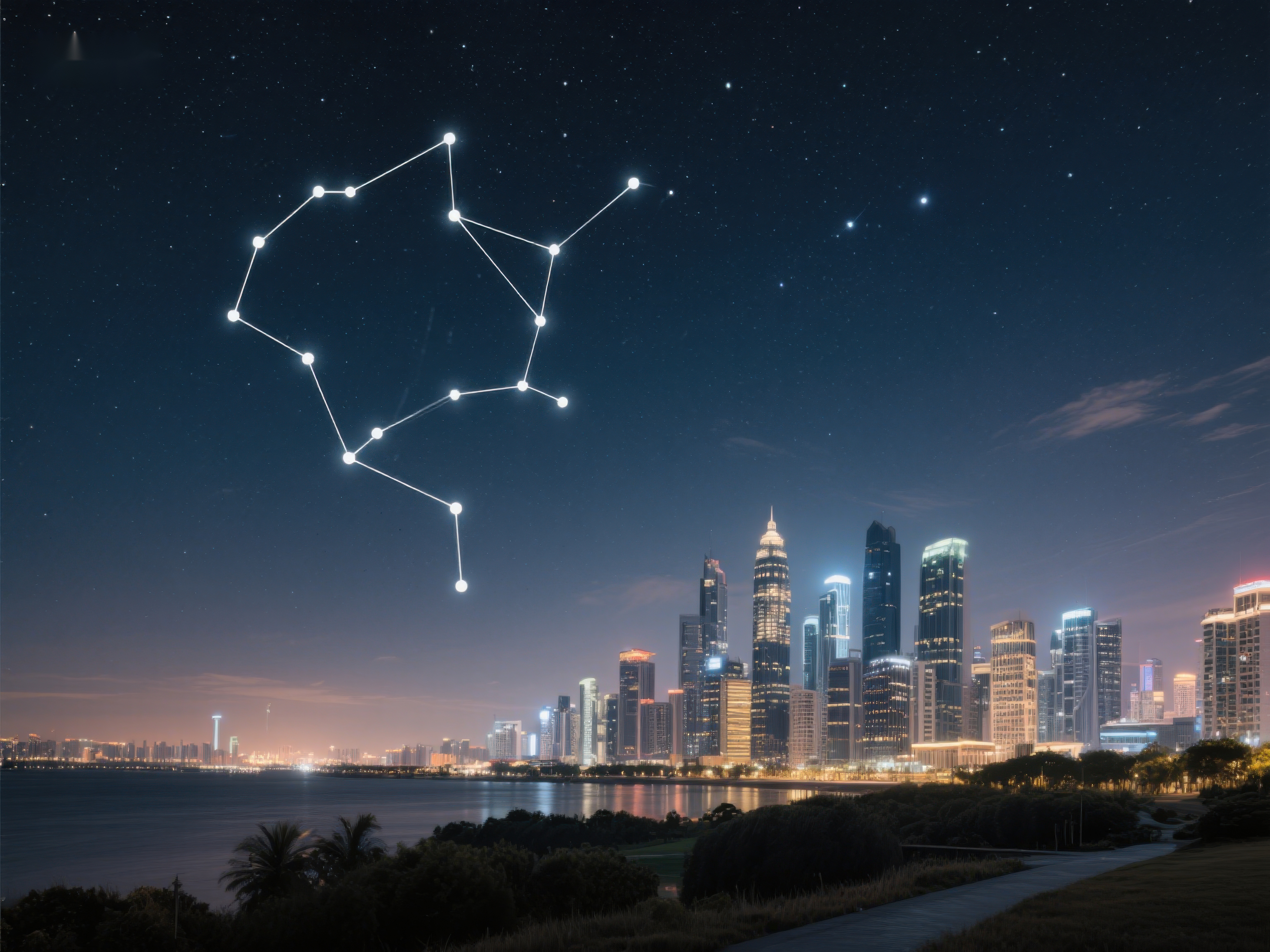 夜空星座与城市天际线素材