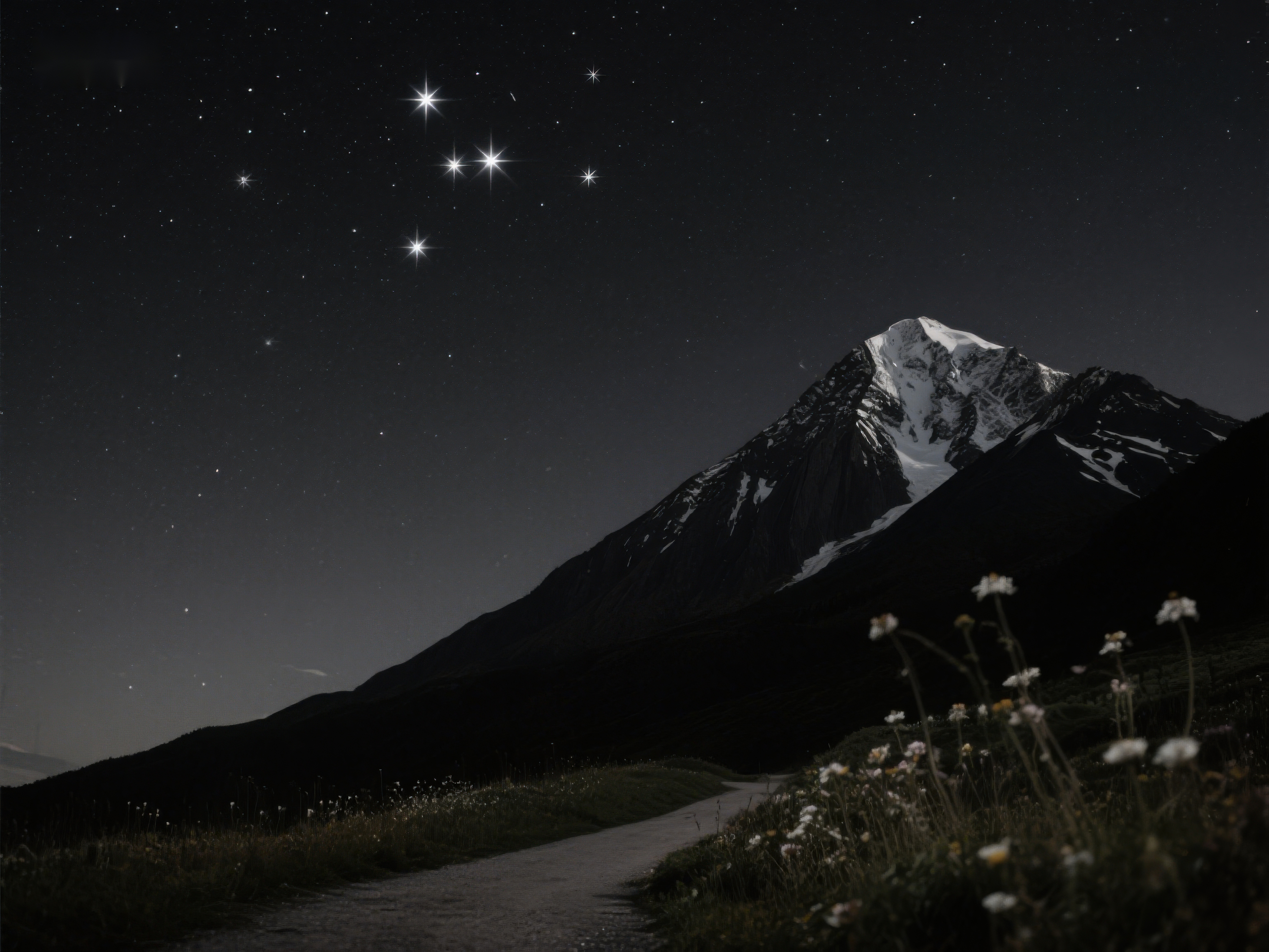 夜空下的雪山与小径素材